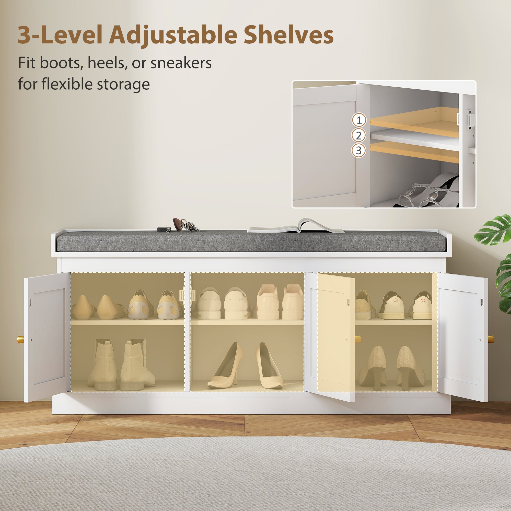 Kozy - Shoe Storage Bench with Woven Rattan Doors, Seat - White