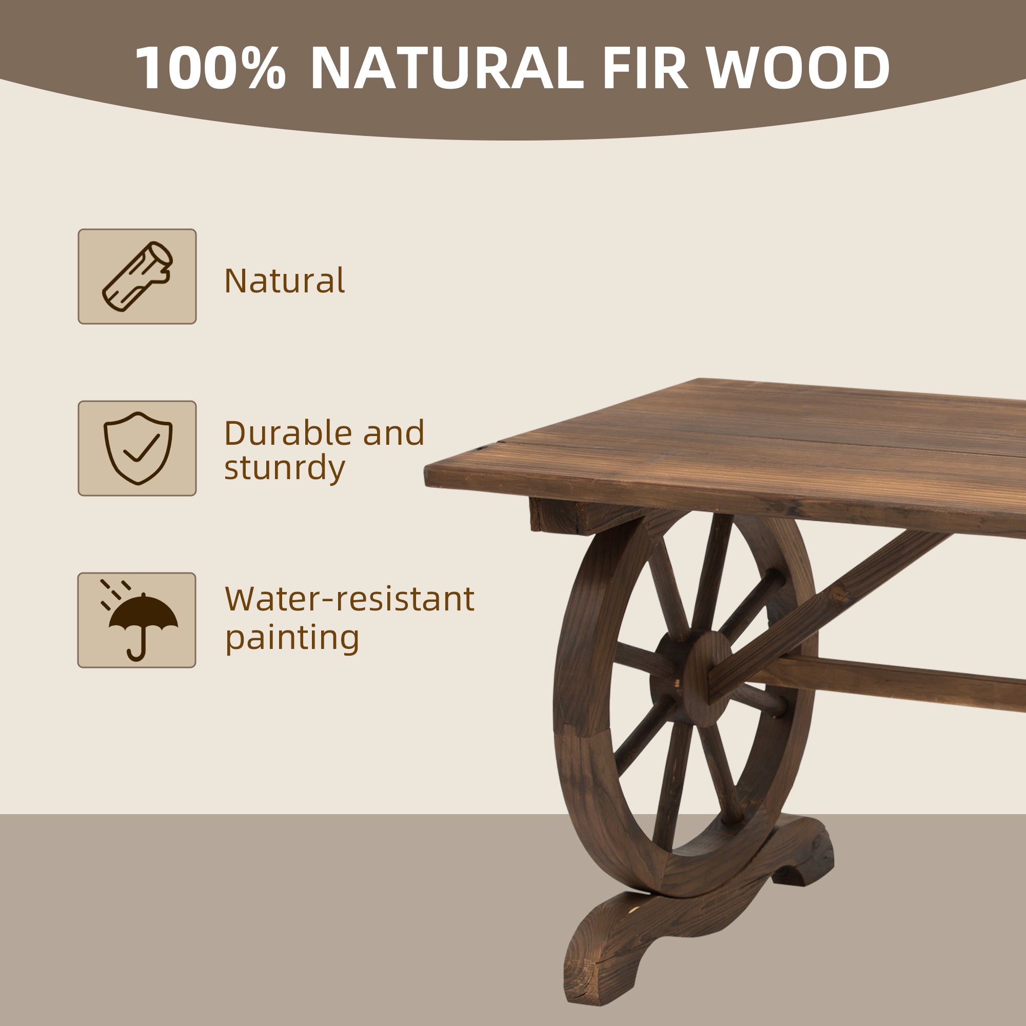 Kozy Wooden Garden Dining Table, Wagon Wheel Outdoor Coffee Table with 3 cm Wood Top for Patio, Balcony, Terrace, 110 x 60 x 65 cm, Carbonised Finish