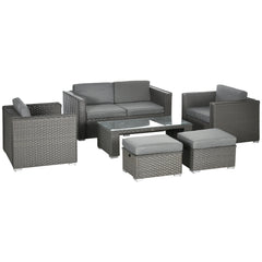 Kozy 6PC Garden Rattan Sofa Set Bonzer Outdoor Furniture Patio Table Loveseat Stool Lounging Ottoman Aluminium Frame Wicker Weave Conservatory Grey
