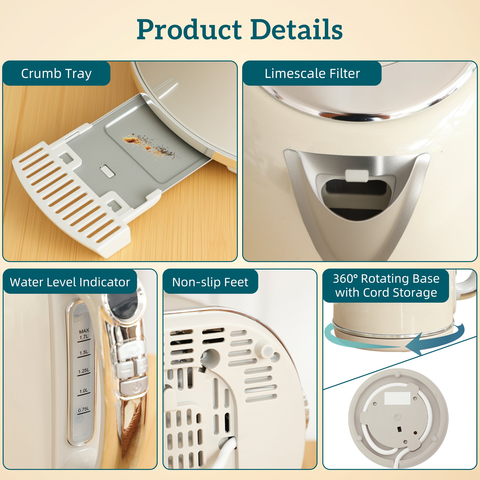 Kozy Polished Retro 40-100°C Kettle and Toaster Set - Cream