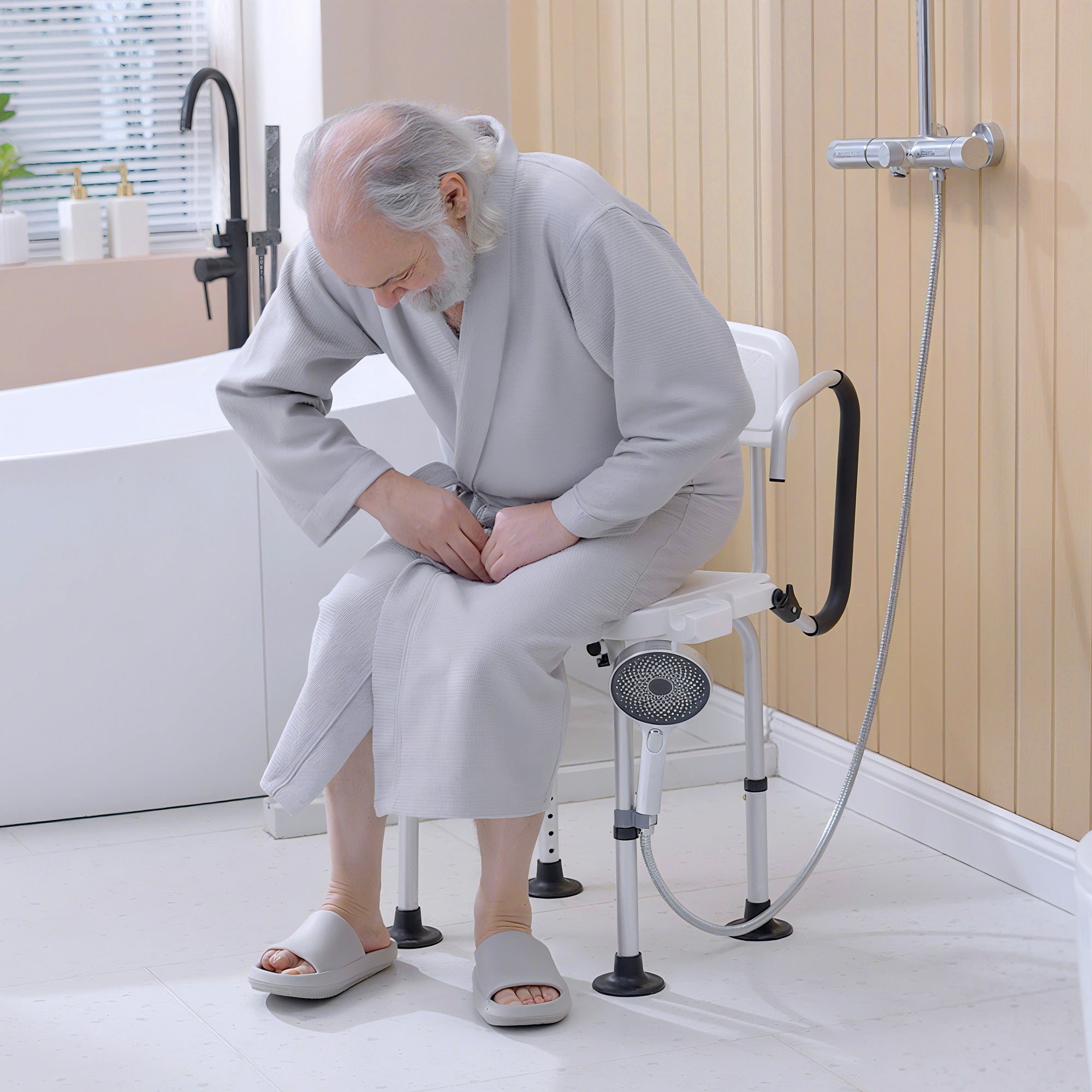 Kozy Shower Chair for the Elderly and Disabled, Height Adjustable Shower Stool with Back and Flipped Padded Arms, Suction Foot Pads, White