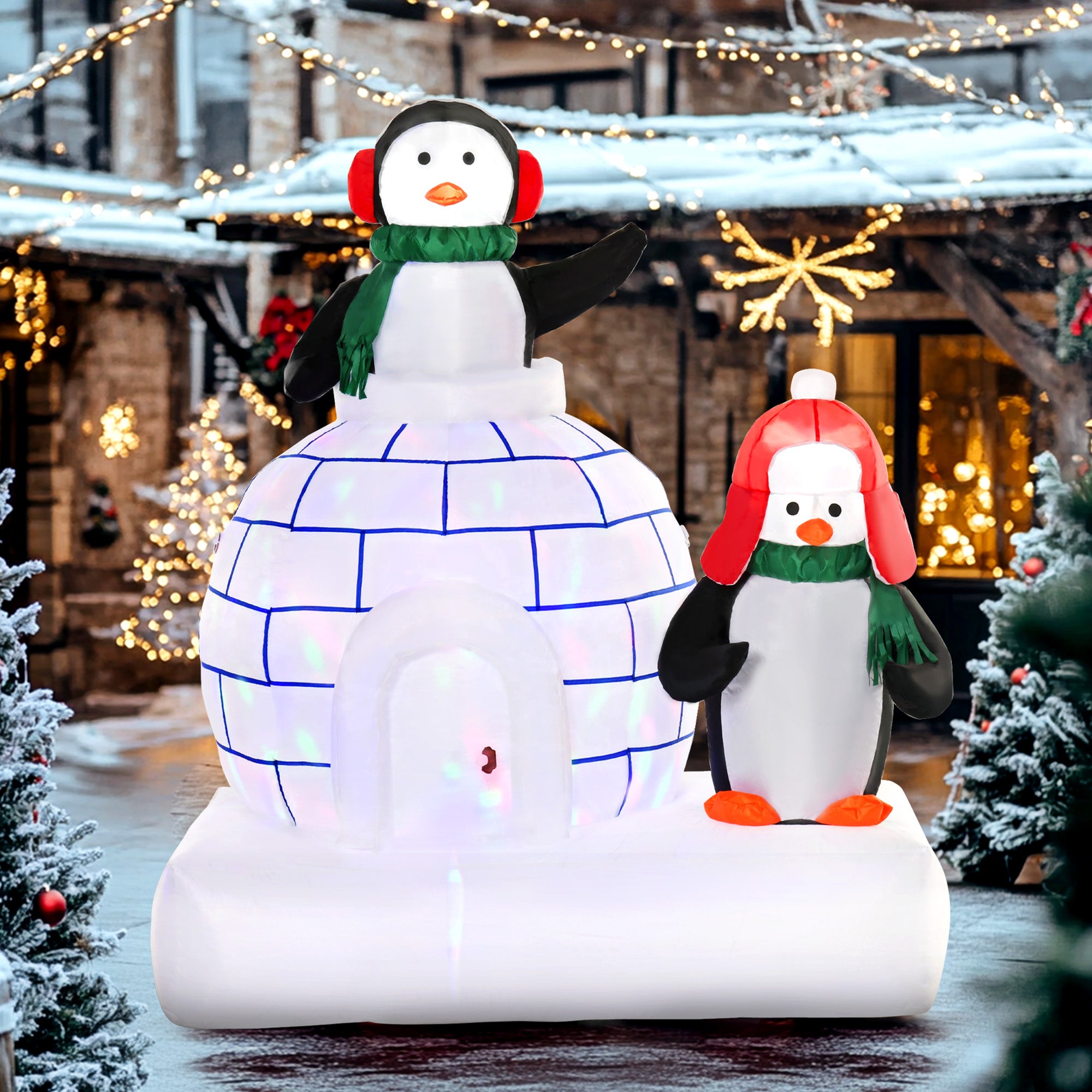 Kozy 5ft Christmas Inflatable Two Penguins Wearing a Scarf with Ice House Blow Up Decor Home Indoors with Built-in LED Lights Outdoor Toys in Lawn Garden