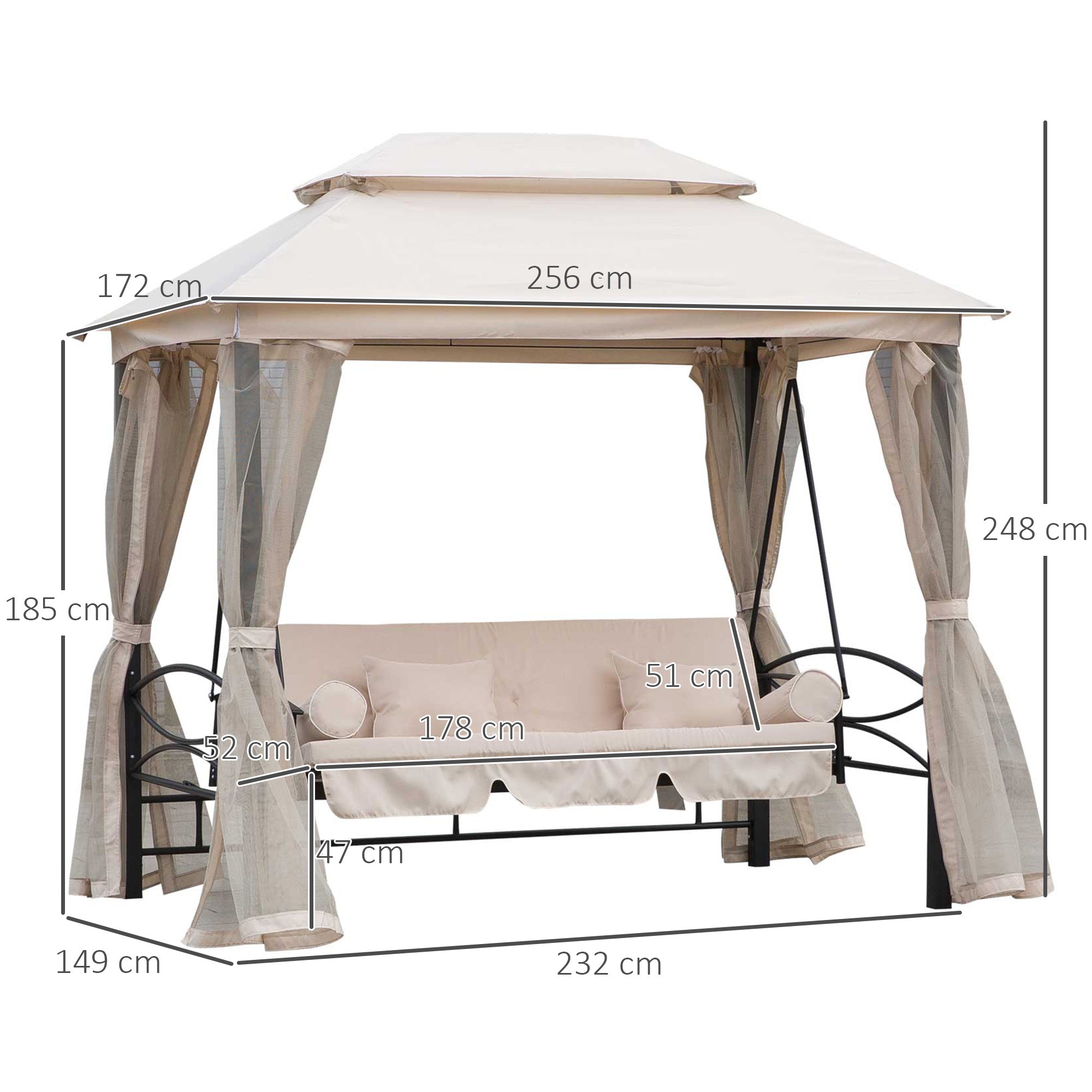 Kozy 2-in-1 Convertible Gazebo Swing Chair Bed W/Netting, 245Lx165Wx243H cm-Beige/Black