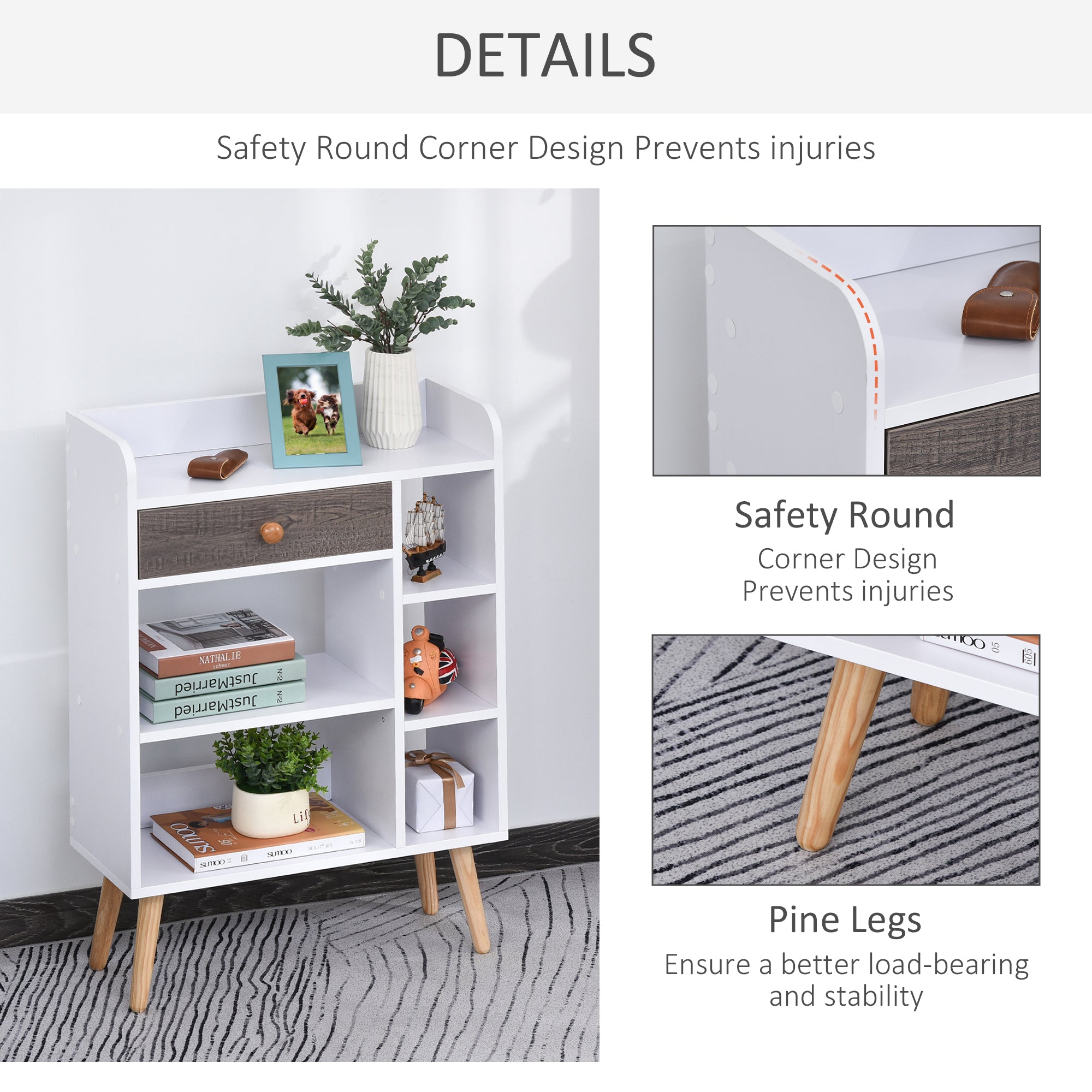 Kozy Bookcase, Freestanding Book Shelf with Storage Drawer, 6 Shelves and Wood Legs for Home Office Display, White and Grey, 24D x 60W x 86.8H cm