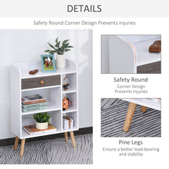 Kozy Bookcase, Freestanding Book Shelf with Storage Drawer, 6 Shelves and Wood Legs for Home Office Display, White and Grey, 24D x 60W x 86.8H cm