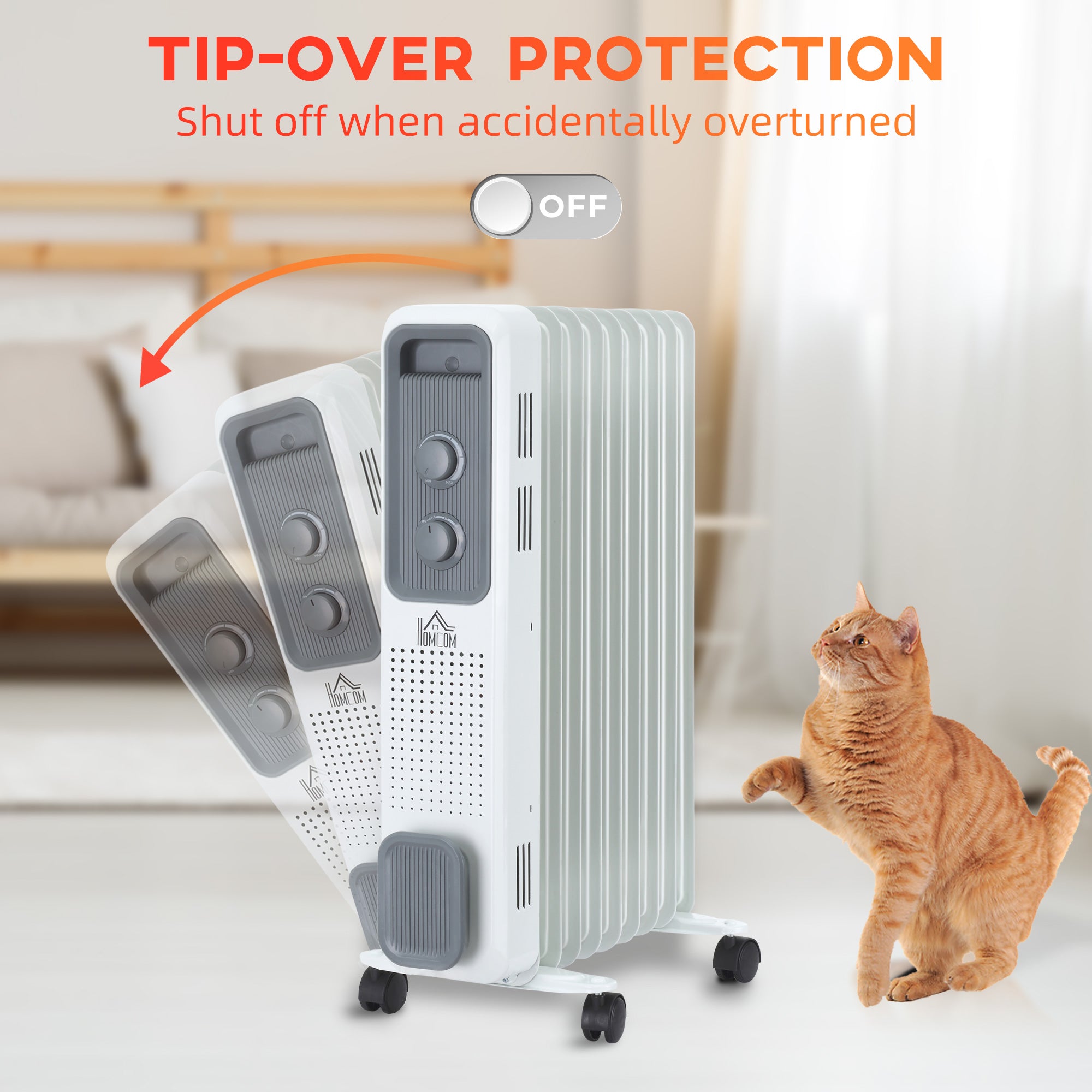 Kozy 2000W Oil Filled Radiator, 9 Fin, Portable Electric Heater with 3 Heat Settings, Safety Cut-Off and Wheels, White