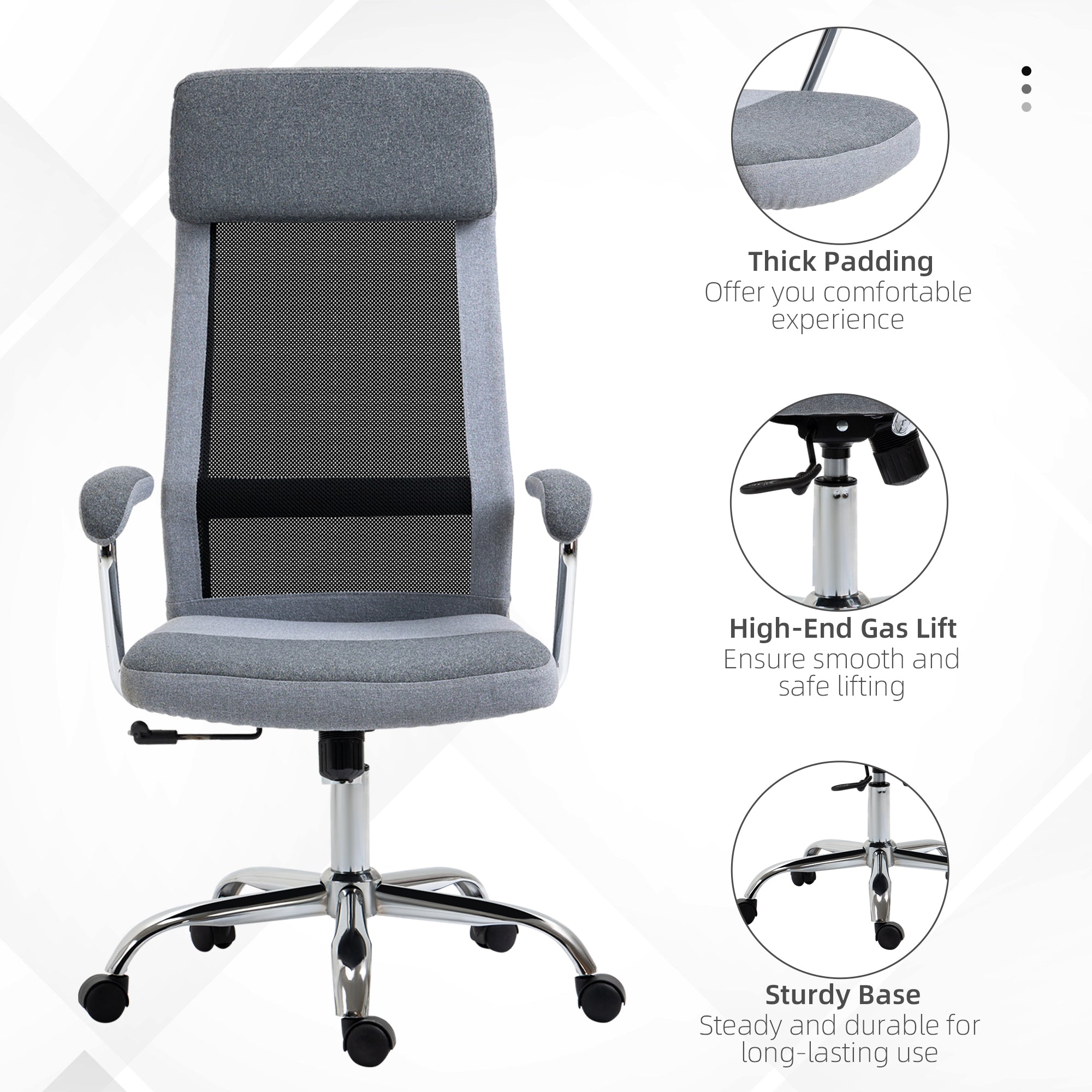 Kozy Office Chair, Ergonomic Desk Chair, High Back Computer Chair with Adjustable Height, Swivel Rolling Wheels, Mesh Back and Linen-Feel Fabric Seat for Home and Study, Grey