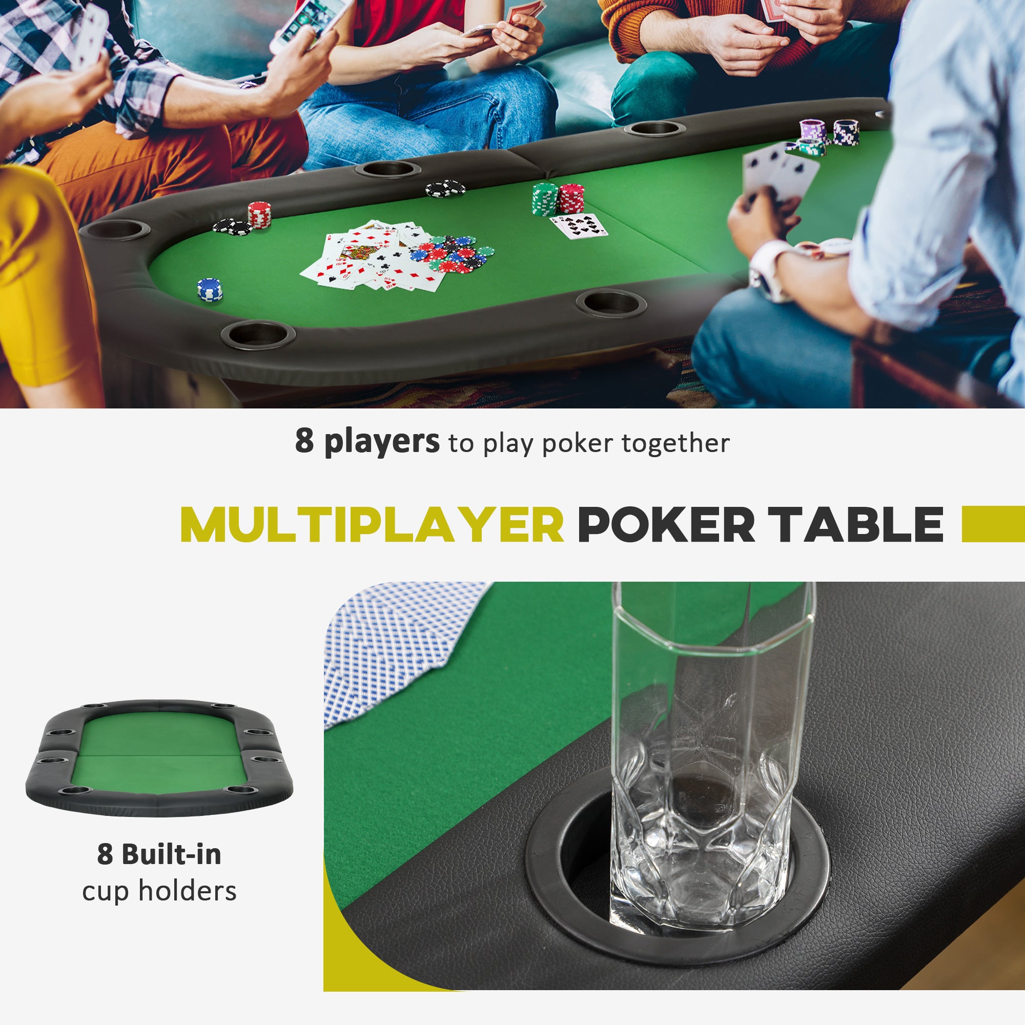 Kozy 8 Player Folding Poker Table, Oval Portable Blackjack Casino Table with Cup Holder, Felt Top and Metal Base, 183 x 82 x 75cm, Green and Black