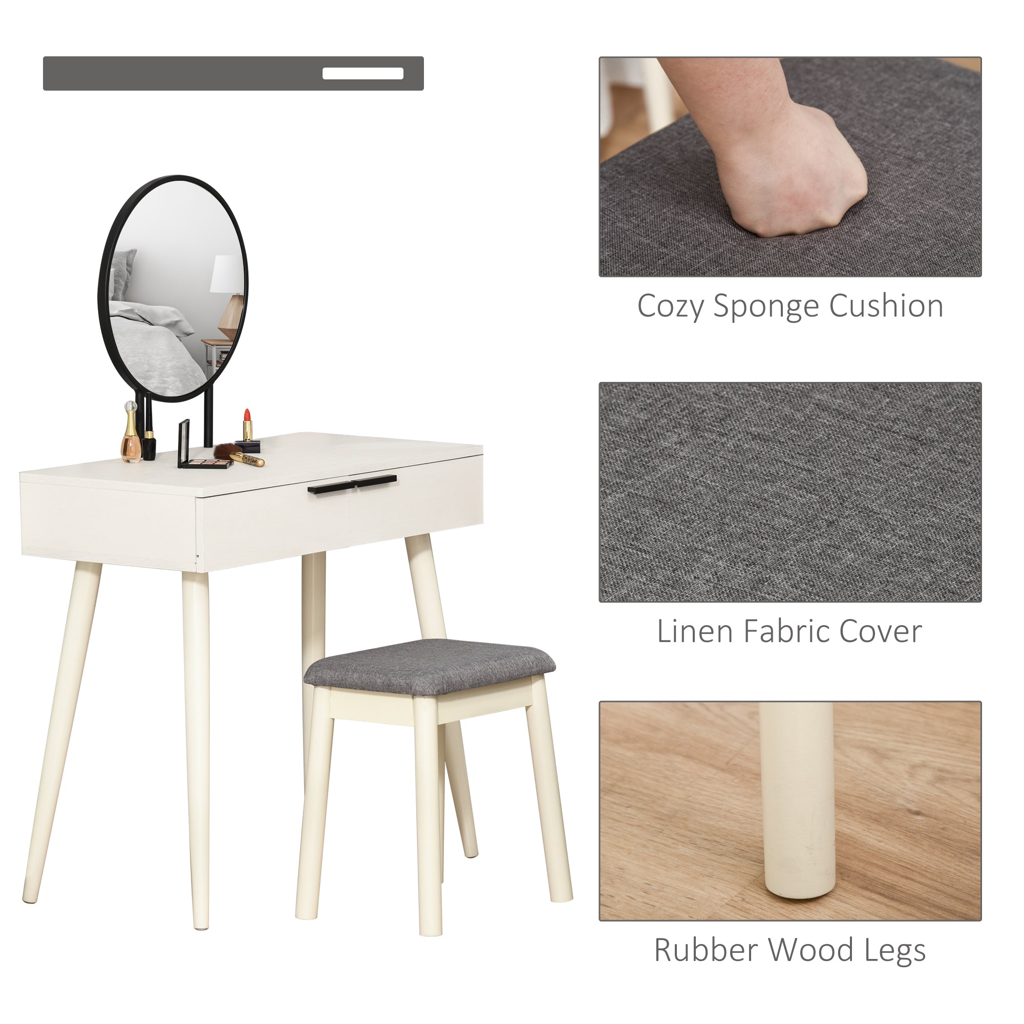 Kozy Dressing Table with Mirror and Stool, Vanity Makeup Desk Set with 2 Drawers, Cushioned Stool and Make-up Organiser for Bedroom and Dressing Room, 80 x 40 x 123 cm, White
