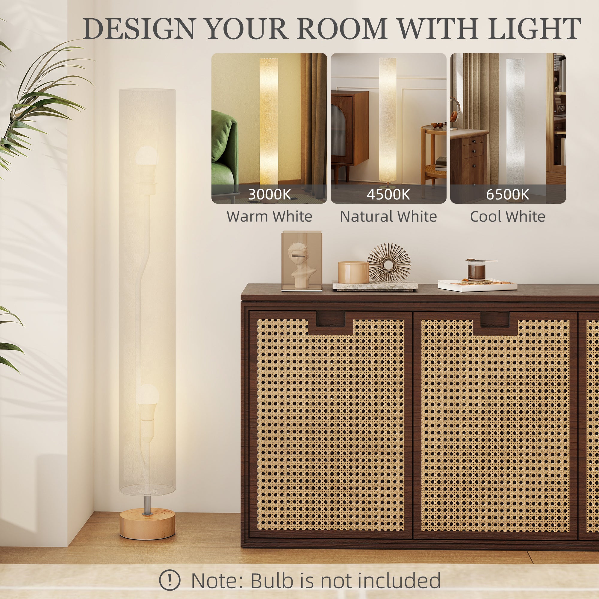 Kozy - LED Floor Lamp for Living Room, 120cm Modern Standing Lamp with 3000K/4500K/6500K Colour Temperatures, Linen Shade and Wooden Base, Grey