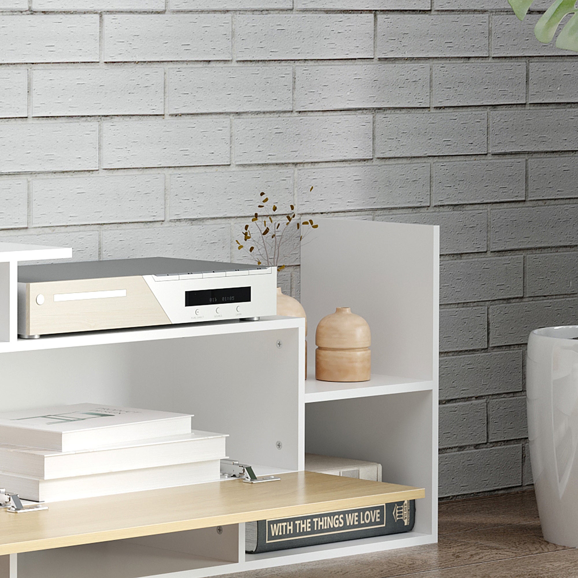 Kozy TV Cabinet with Wall Shelf for Wall-Mounted 65" TVs or Standing 40" TVs - White and Natural