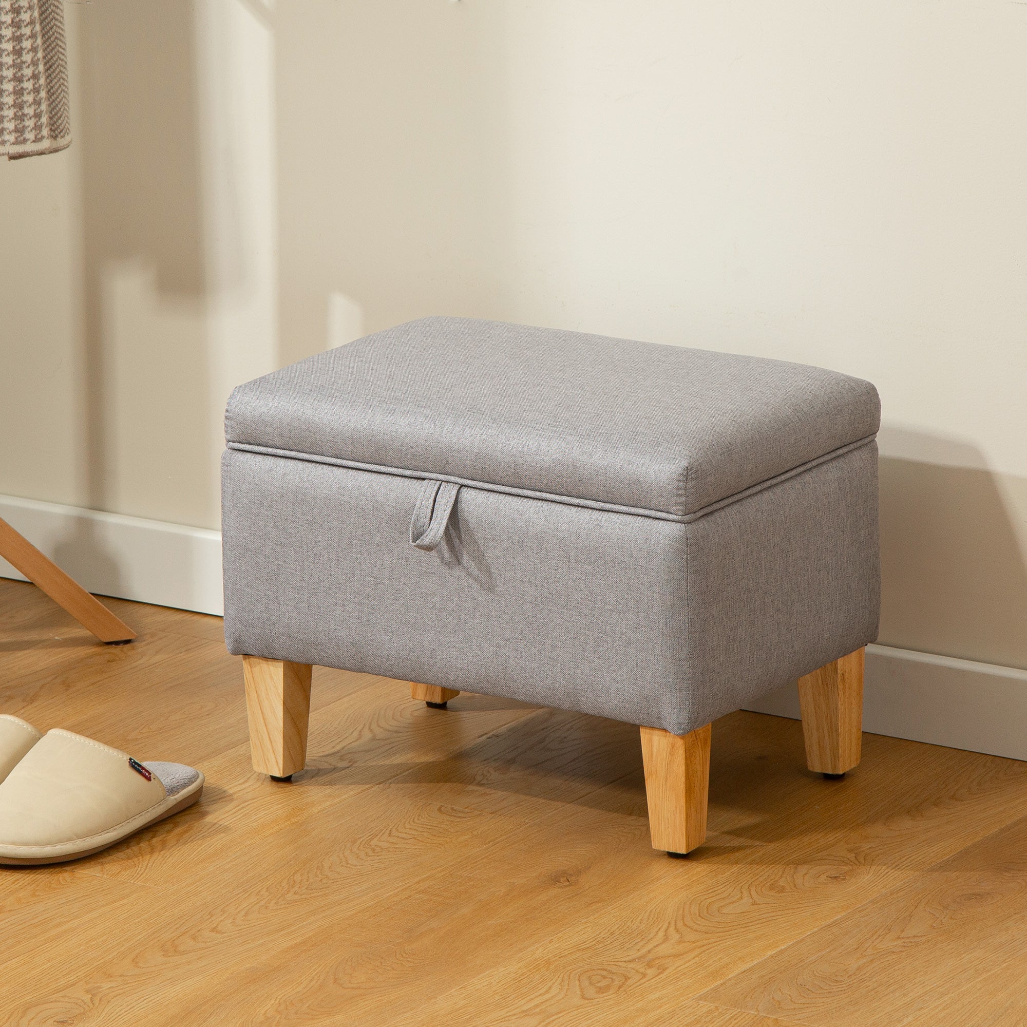 Kozy - 16L Linen Storage Ottoman Padded Footstool with Rubberwood Legs for Storage Box, Bed End, Shoe Bench, Seating, Light Grey