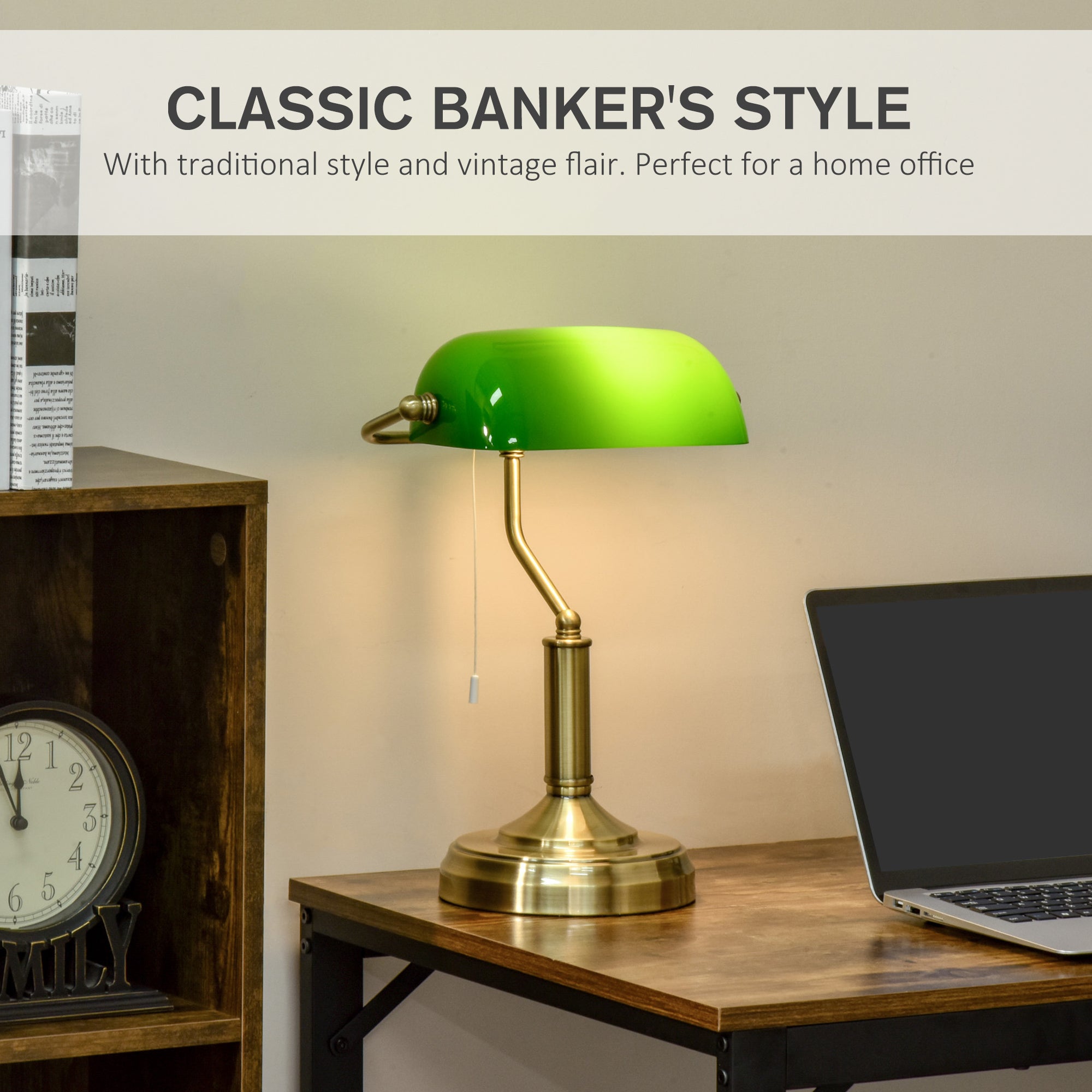 Kozy Banker's Desk Lamp with Antique Bronze Tone Base, Table Lamp with Green Glass Shade for Home Office, Green