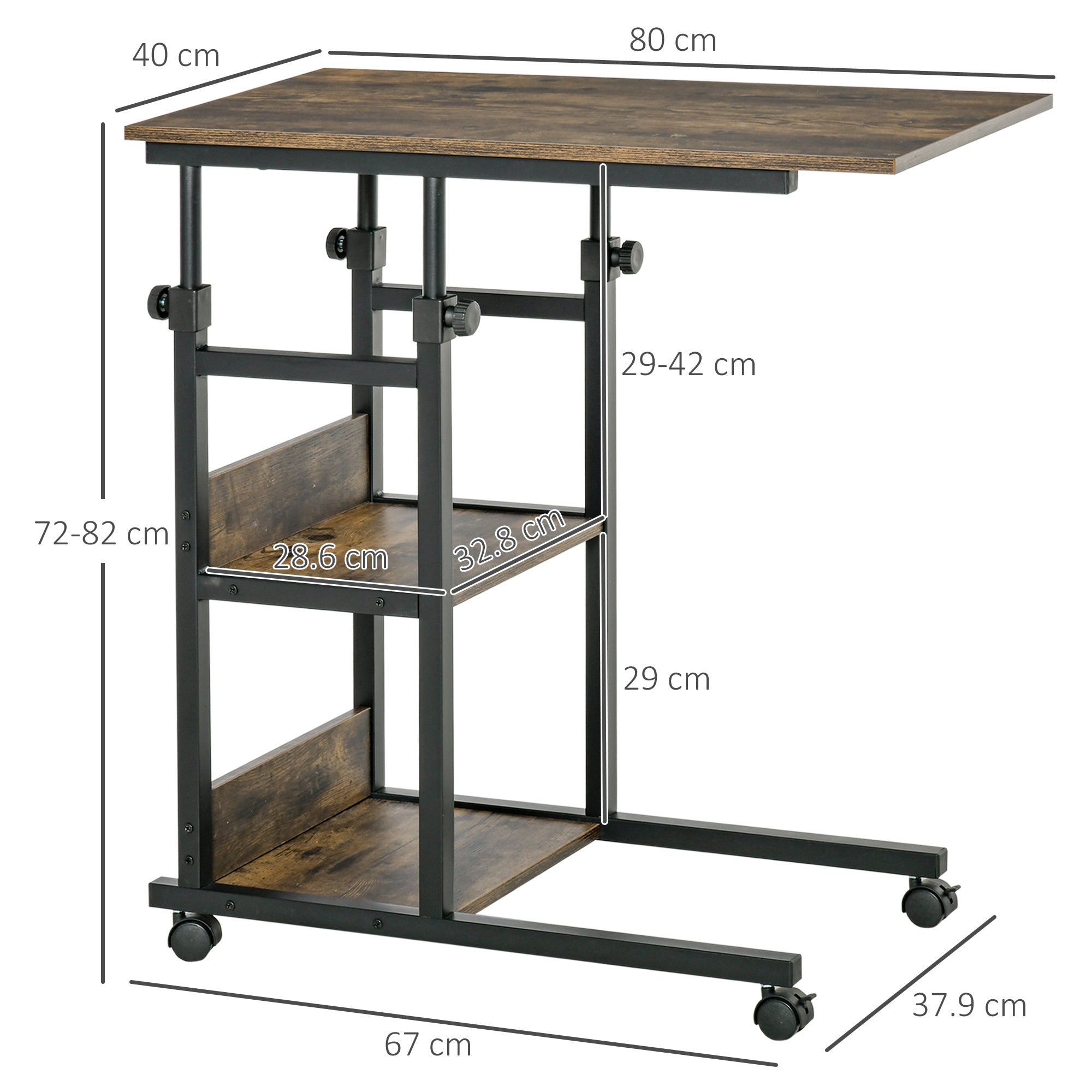 Kozy C-Shaped Side Table Industrial Mobile Rolling End Desk with 3-Tier Storage Shelving, Adjustable Height, Wheels