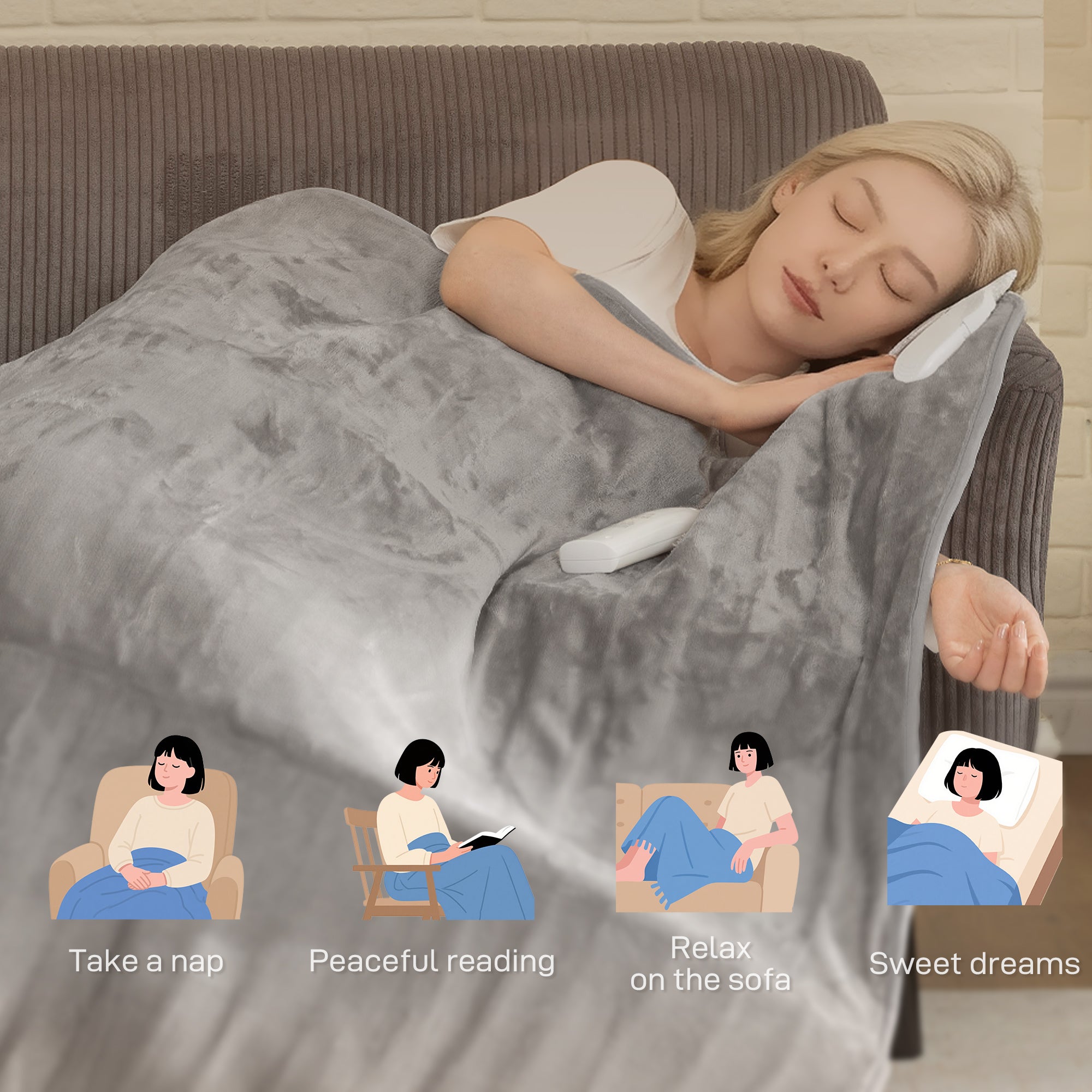 Kozy Electric Blanket with Dual Controllers, Machine Washable Heated Throw Blanket with Ultra Soft Flannel Fabric, 5 Heating Levels, 10 Hour Timer, Grey