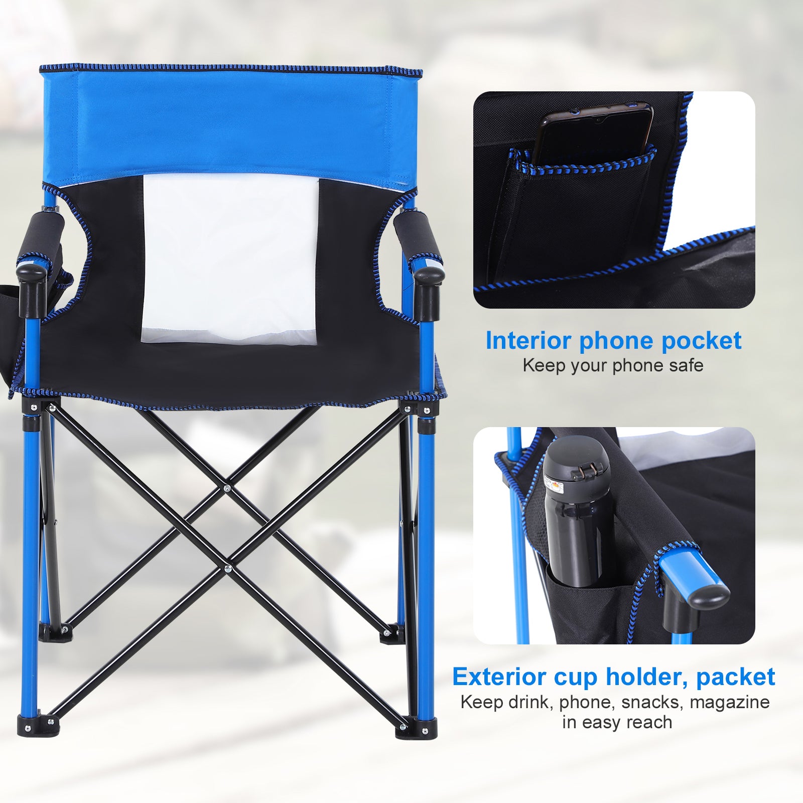 Outsunny Folding Camping Chair, Metal Frame with Sponge Padding and Storage Pockets, Portable Design, Blue