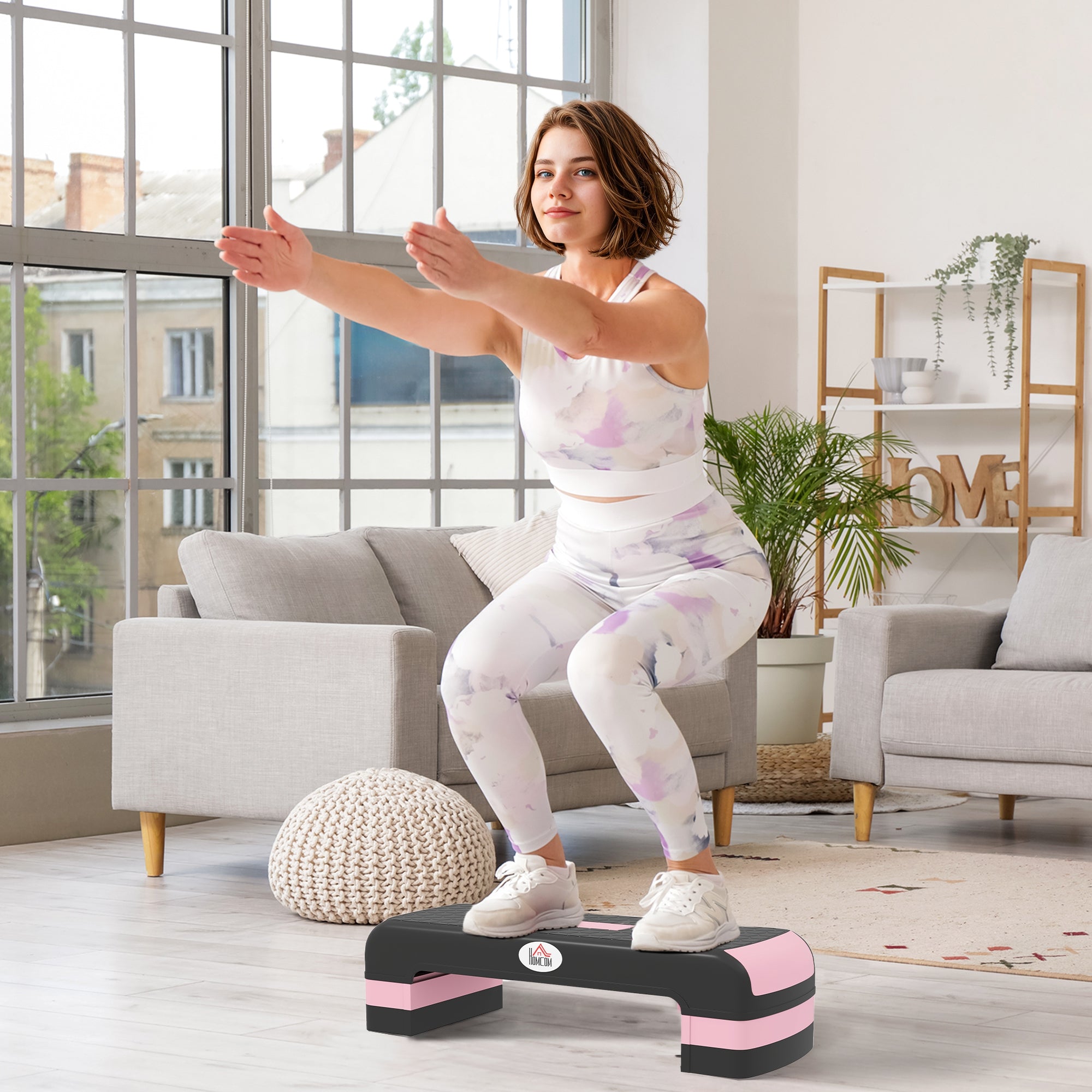 Kozy - Aerobic Step with 3-Level Adjustable Heights for Home, Office Exercise, Black and Pink