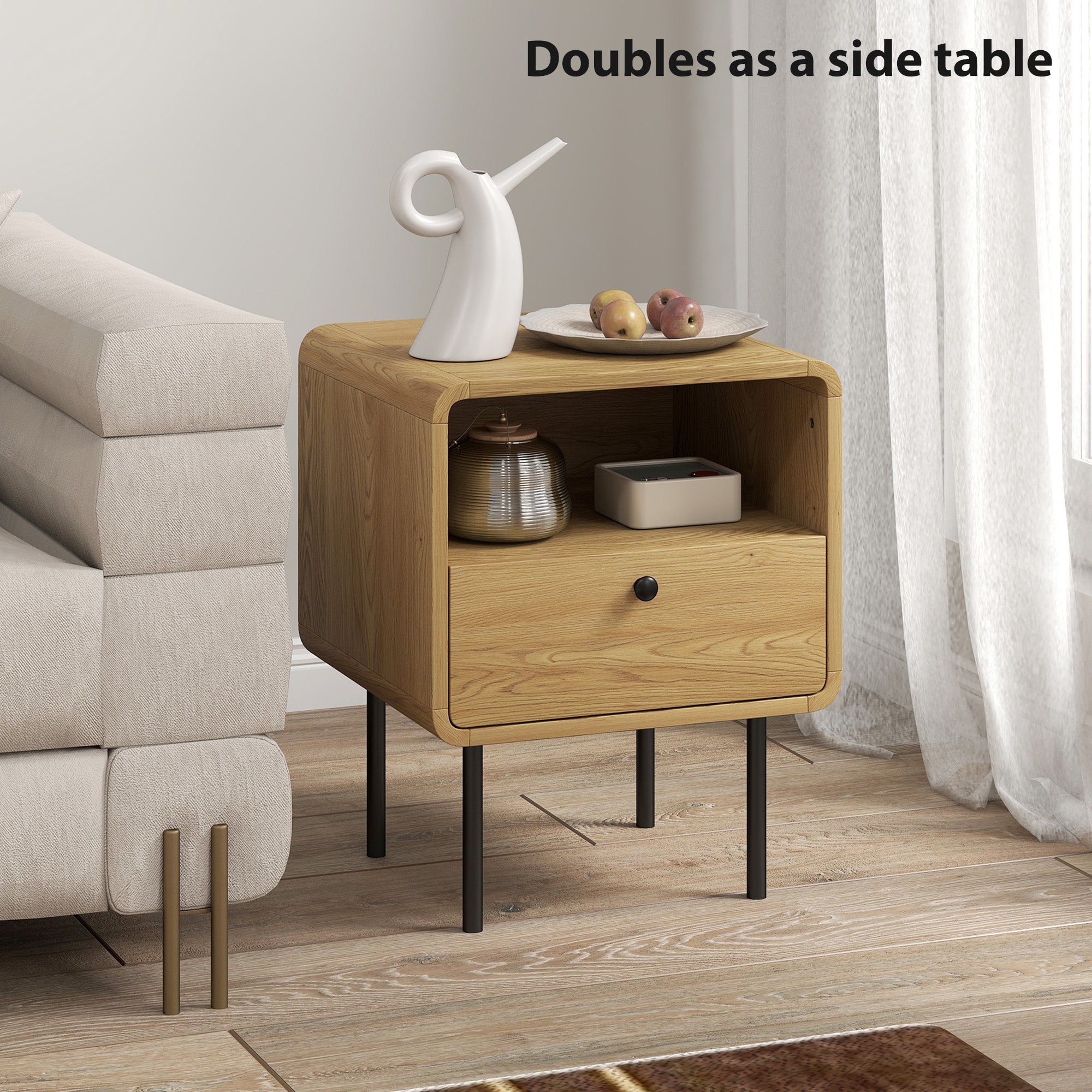 Kozy Bedside Table with Drawer and Open Shelf - Oak