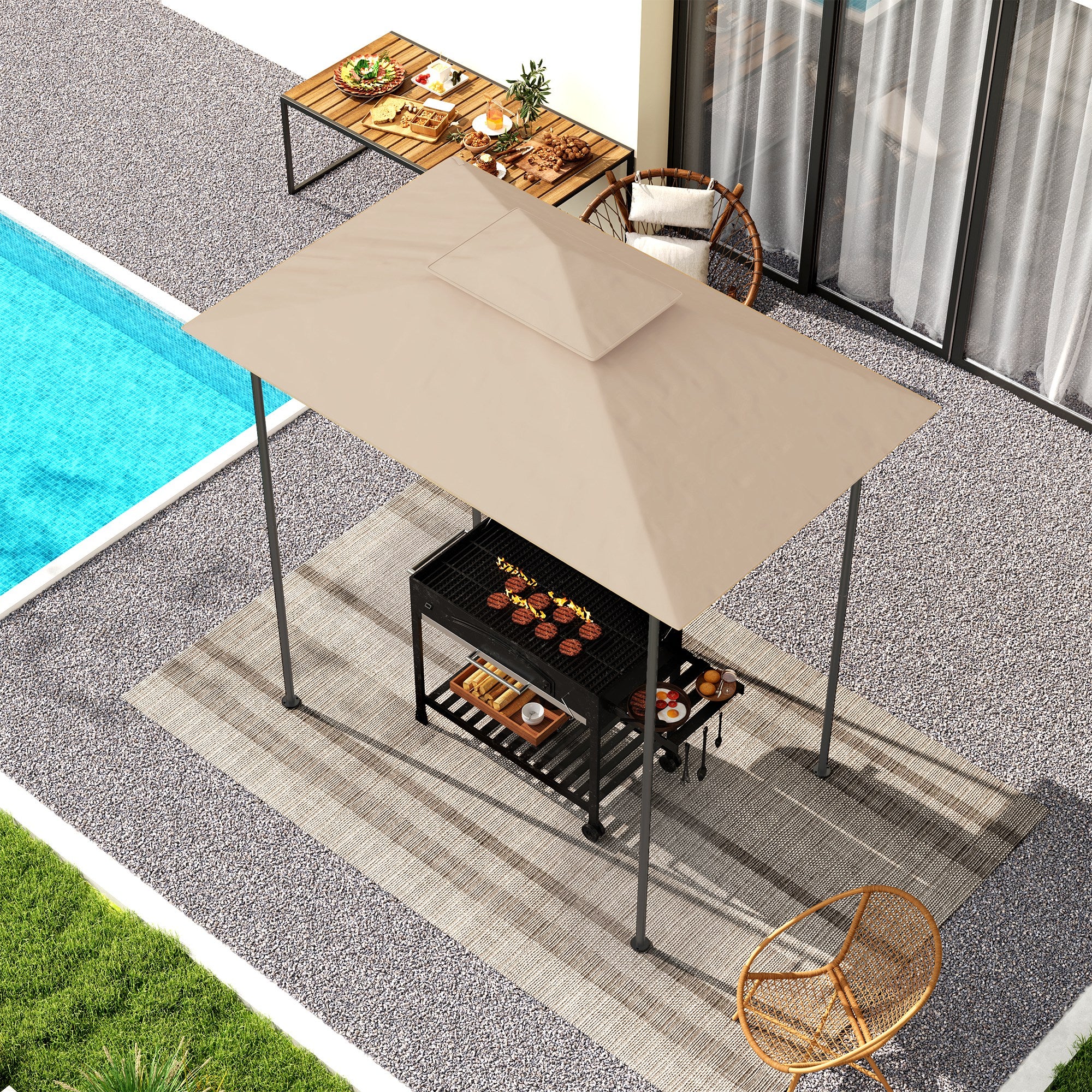 Kozy - Grill Gazebo Replacement Canopy Roof for 1.5 x 2.4m Frame, UPF50+ Protection, Double Tiered 5' x 8' Outdoor BBQ Gazebo Cover Replacement, TOP COVER ONLY, Beige