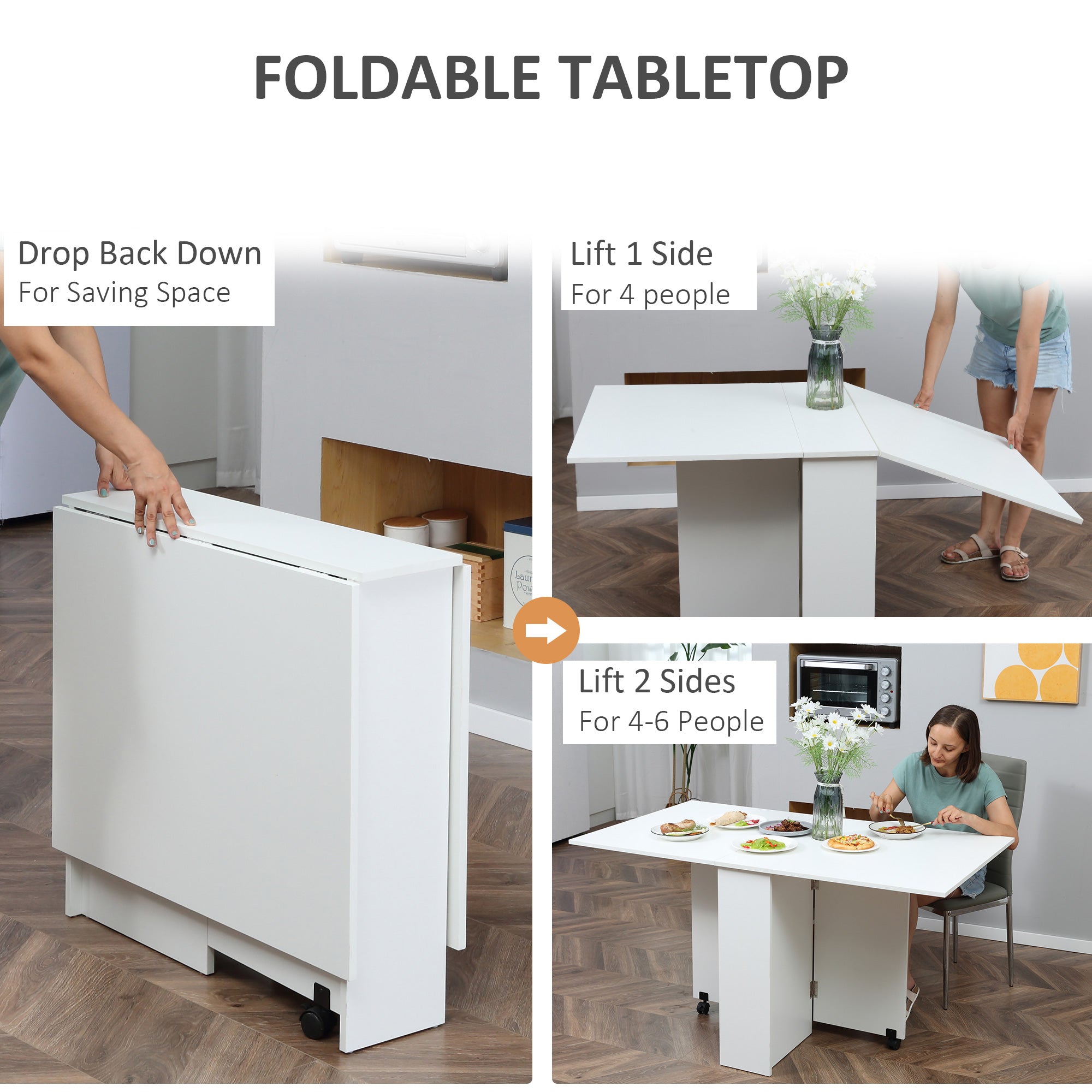 Kozy Folding Dining Table, Drop Leaf Table with 2-Tier Shelves, Rolling Casters, for Small Spaces, Kitchen, White