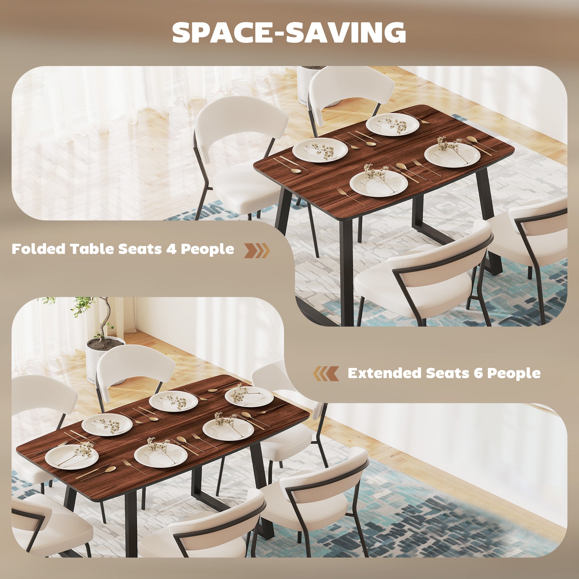 Kozy Extendable Dining Table Rectangular Wood Effect Tabletop for 4-6 People with Steel Frame & Hidden Leaves for Kitchen, Dining Room, Living Room