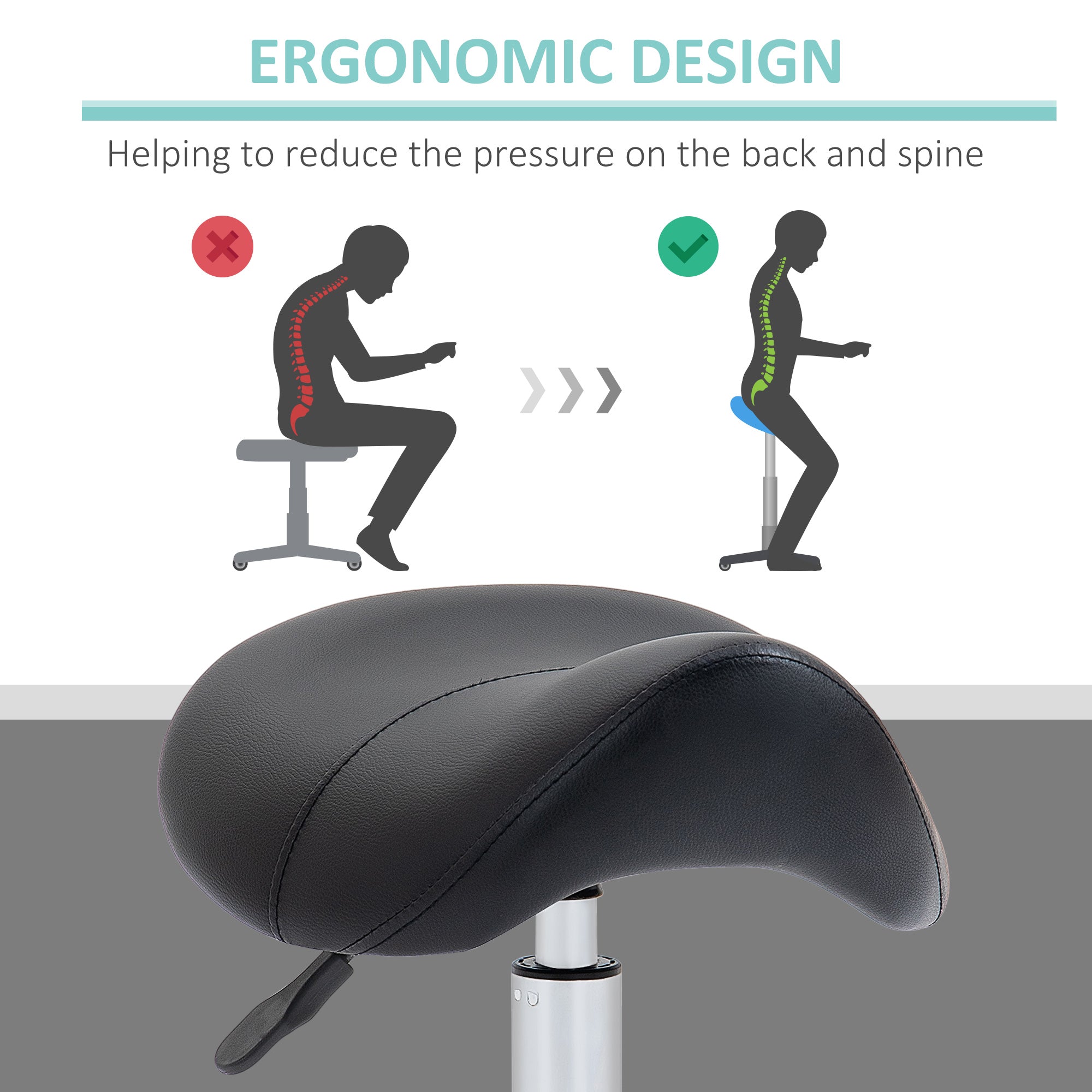 Kozy Cosmetic Stool 360° Rotate Height Adjustable Salon Massage Spa Chair Hydraulic Rolling Faux Leather Saddle Stool Mobility, Black