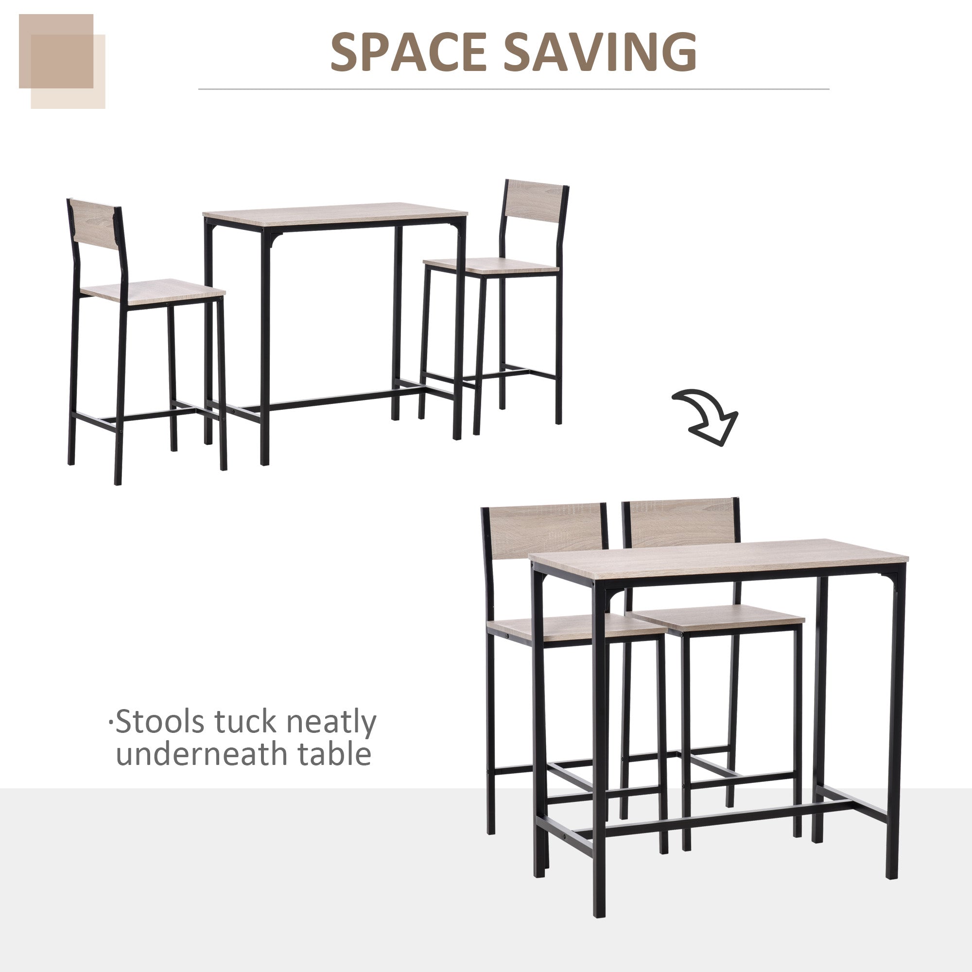 HOMCOM 3 Pcs Table Stool Set Industrial Design w/ Metal Frame Oak Tone MDF Panels Minimal Compact Beautiful