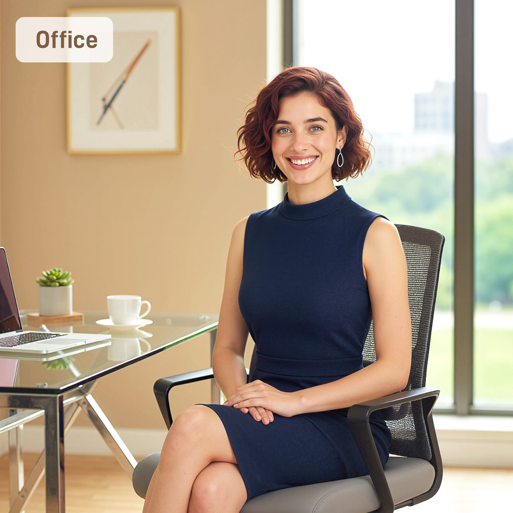 Kozy Desk Chair No Wheels, Office Chair with Mesh Back, Lumbar Support, Metal Base for Waiting Room, Conference Room, Dark Grey