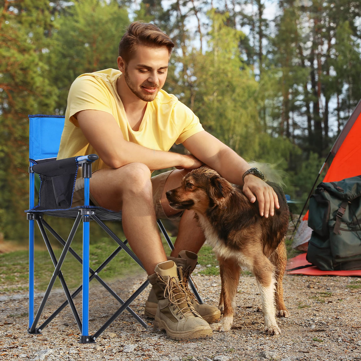 Outsunny Folding Camping Chair, Metal Frame with Sponge Padding and Storage Pockets, Portable Design, Blue