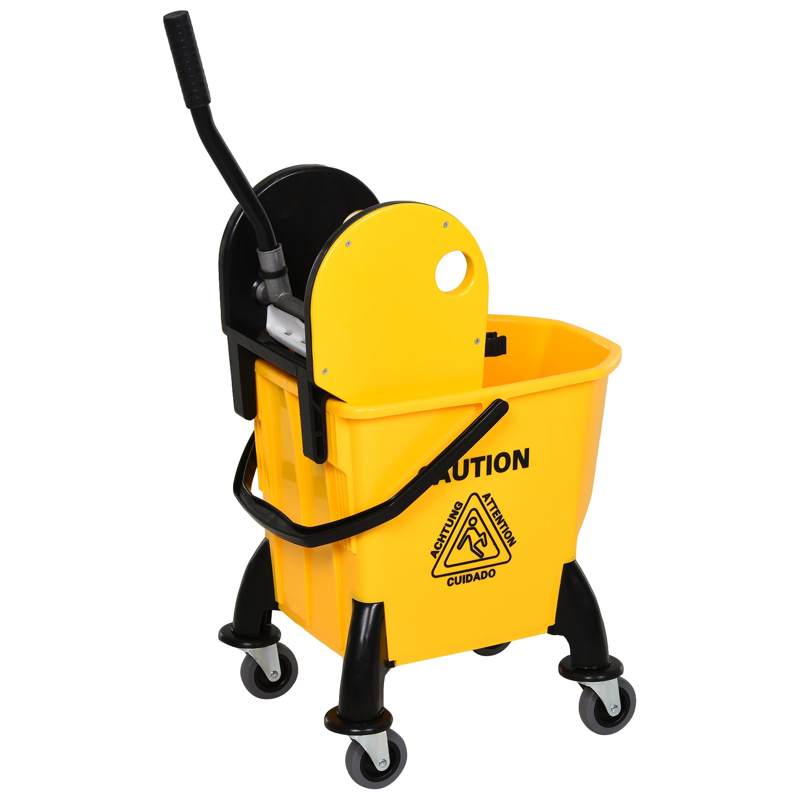 HOMCOM 26L Mop Bucket & Water Wringer w/ 4 Wheels Plastic Body Metal Handle Pole Holder Home Commercial Cleaning Floor Cart Yellow