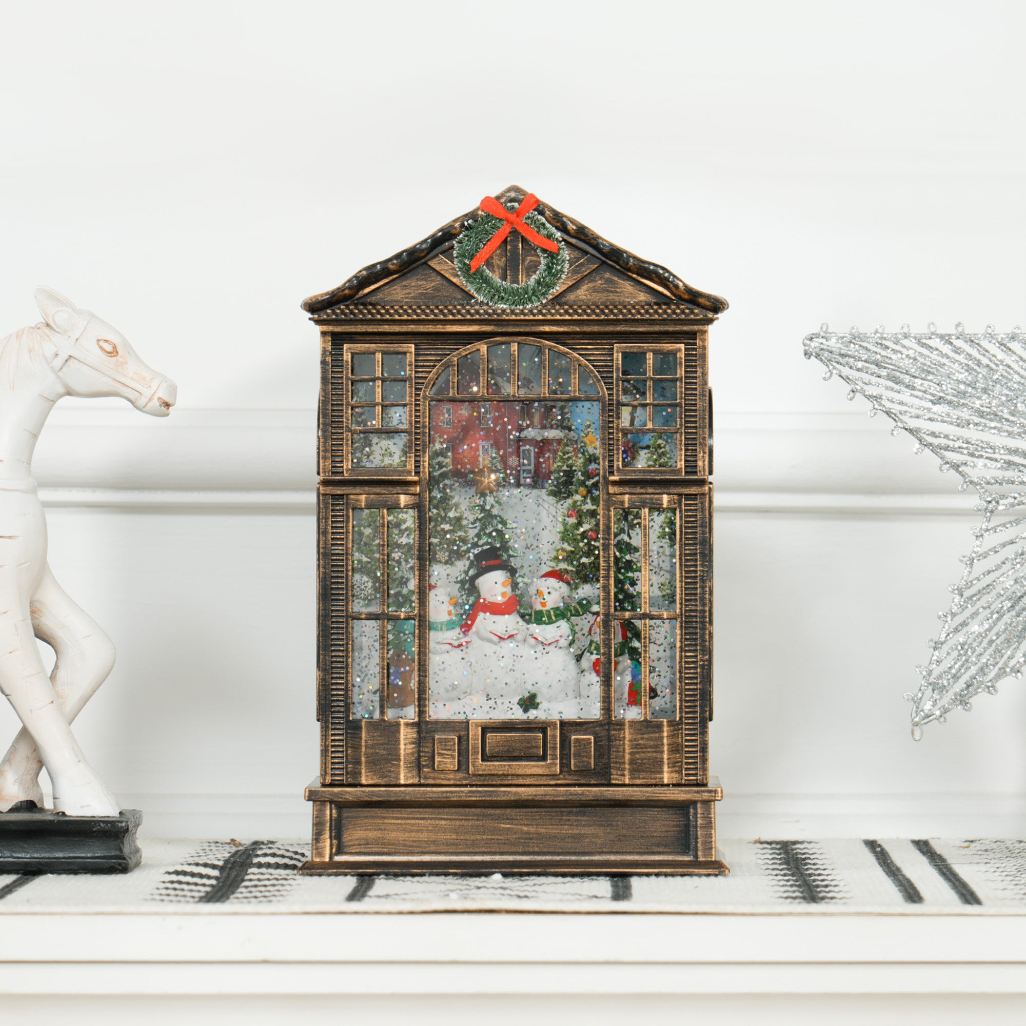 Kozy - Christmas Snow Globe Lantern with Lights, Musical Snow Globe with Swirling Glitter, Battery Operated Musical Christmas Decoration for Holiday Party Gift, Bronze Tone