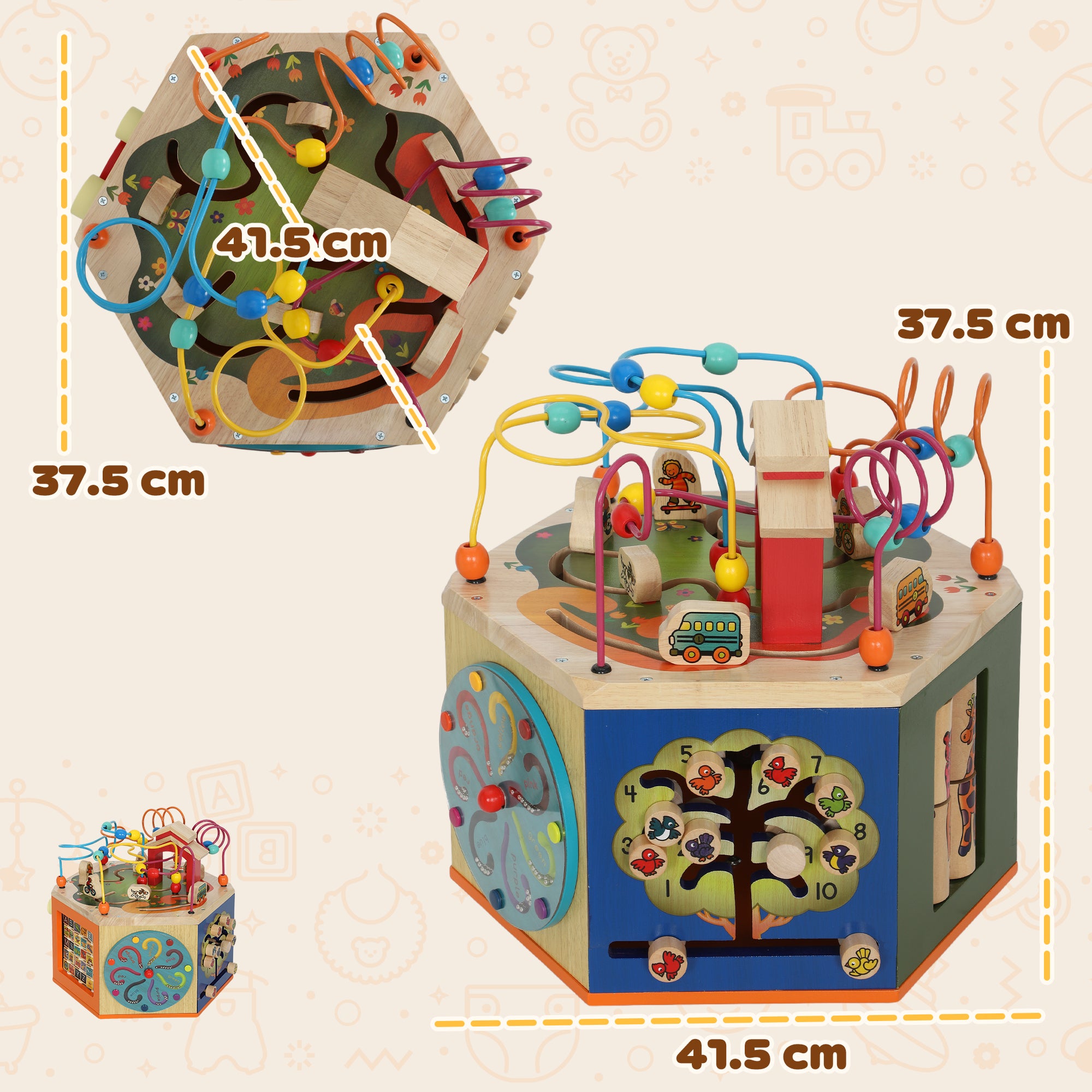 Kozy 8 in 1 Wooden Activity Cube with Bead Maze, Shape Sorter, for Kids Boys Girls 18+ Months
