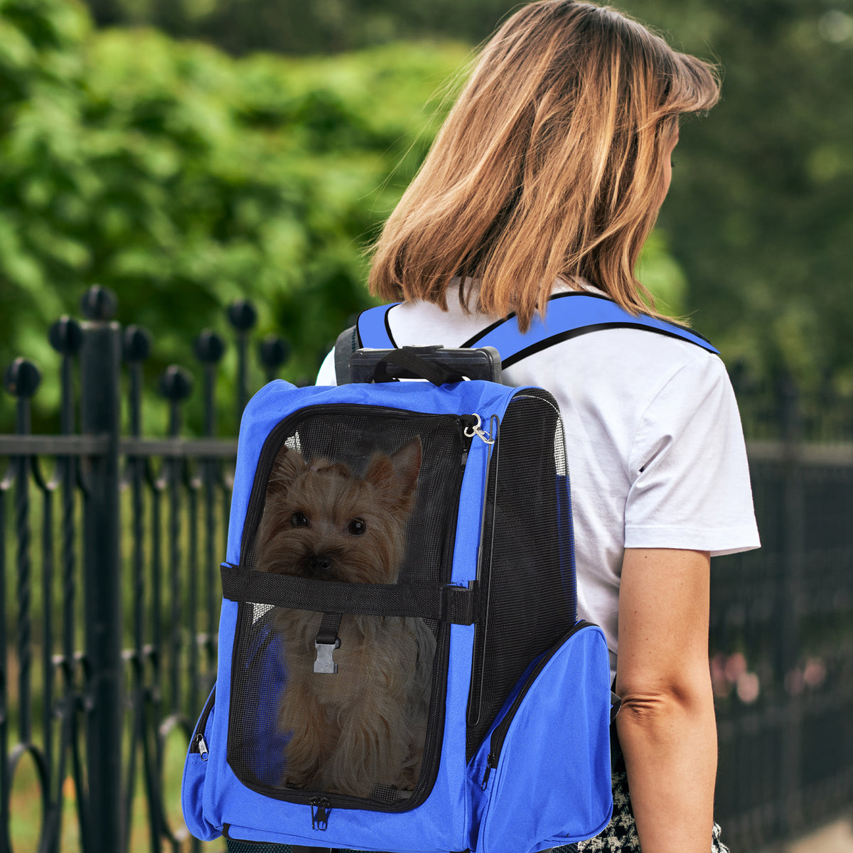 PawHut Portable Pet Carrier Backpack with Trolley, Telescopic Handle, Stroller Wheels for Cats & Dogs, 42 x 25 x 55 cm, Blue