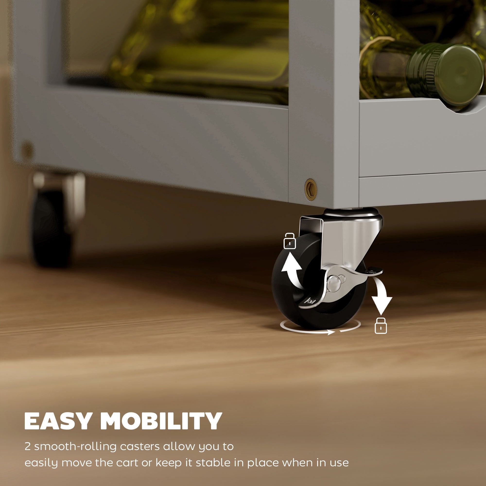 Kozy Modern Kitchen Trolley, Rolling Island Storage Cart with Drawer, 9-bottle Wine Rack, Door Cabinets, Wooden Countertop, Grey