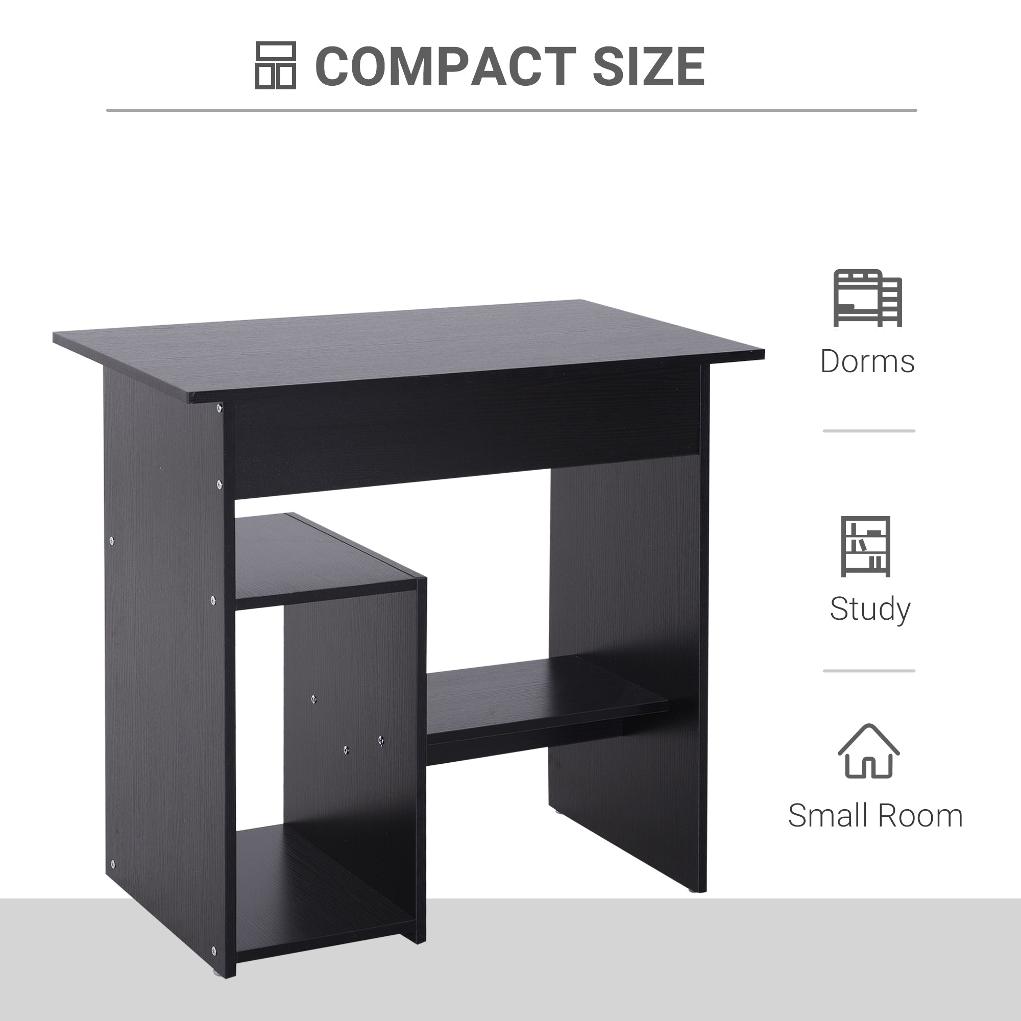Kozy Compact Small Computer Table Wooden Desk Keyboard Tray Storage Shelf Modern Corner Table Home Office Black
