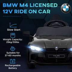 AIYAPLAY 12V BMW M4 Licensed Kids Car with Easy Transport, Remote Control, Suspension, Music, Horn, LED Lights - Black