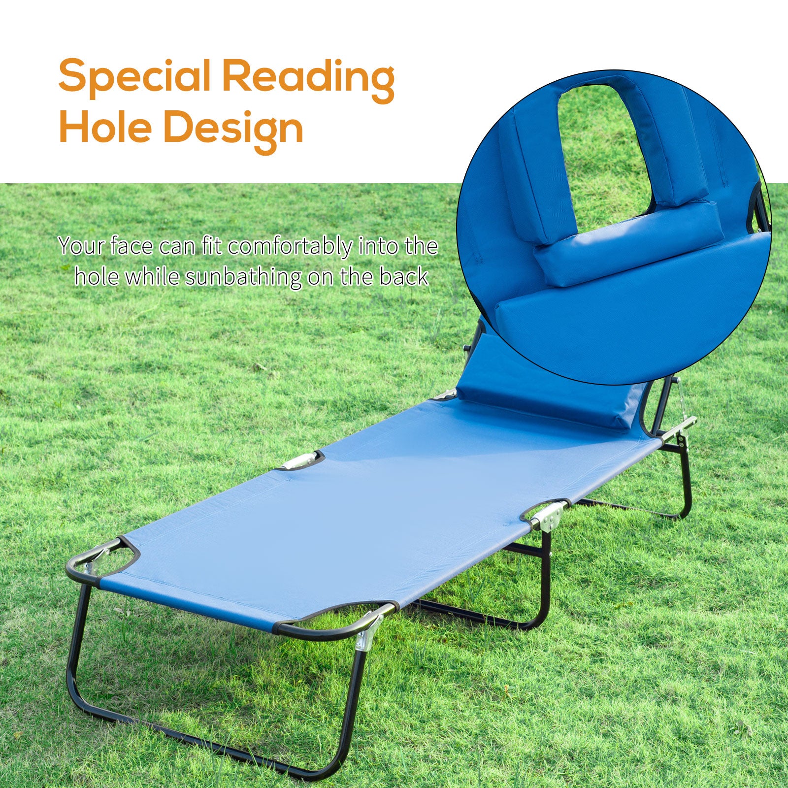 Outsunny Foldable Sun Lounger, Reclining Garden Chair with Pillow and Reading Hole, Adjustable, Blue