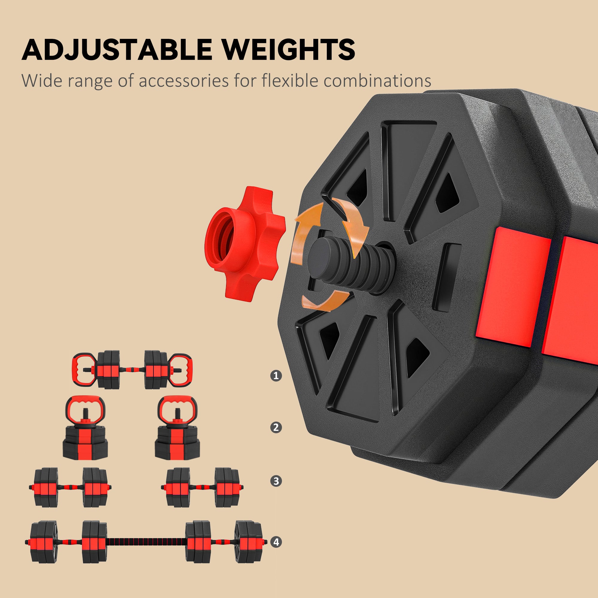 Kozy 4-in-1 Adjustable Weight Dumbbells Set, Used as Kettlebell, Barbell, Dumbbell, Push-Up Stand, 30kg Free Weights Set for Men and Women Home Gym Training, Red