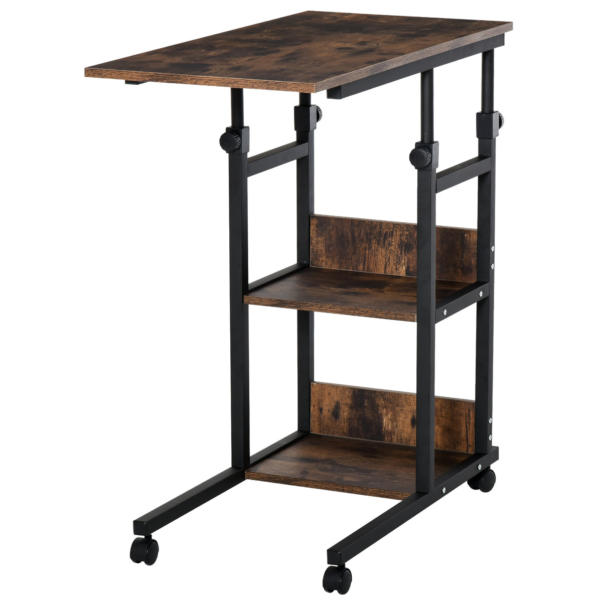 Kozy C-Shaped Side Table Industrial Mobile Rolling End Desk with 3-Tier Storage Shelving, Adjustable Height, Wheels