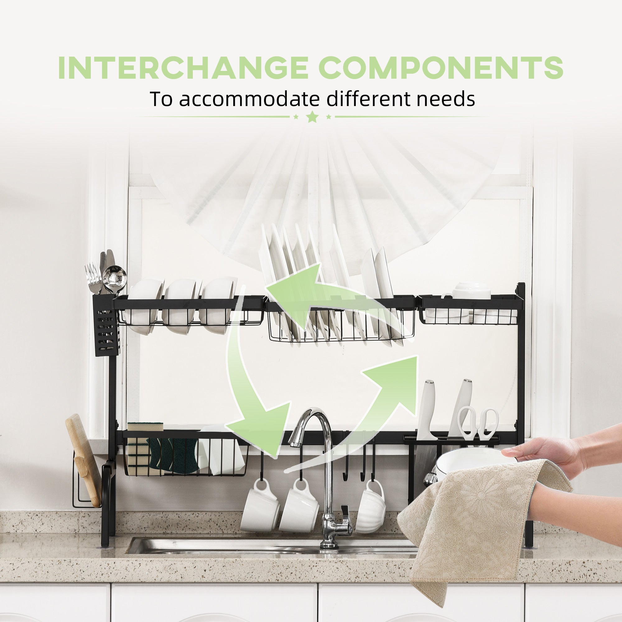 Kozy Space Saving 2 Tier Adjustable Dish Drainer Over The Sink Dish Drying Rack, Black