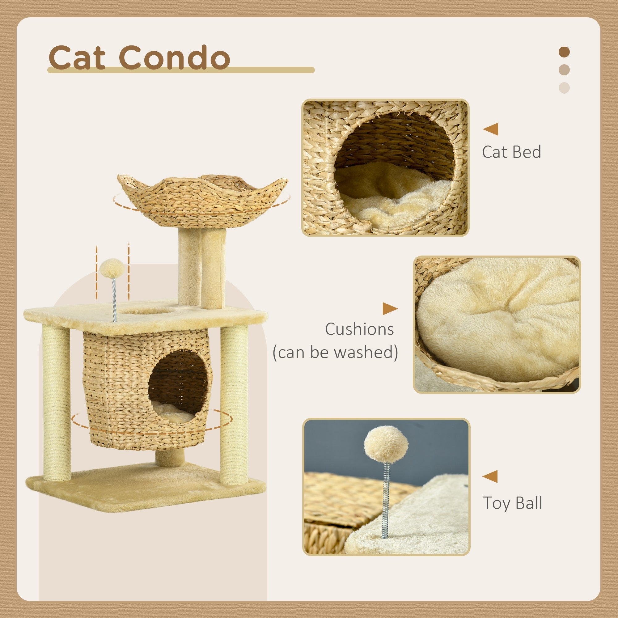 PawHut Cat Tree, Indoor Activity Centre, with Scratching Posts, Cat House, Bed, Toy Ball, Beige | Aosom UK