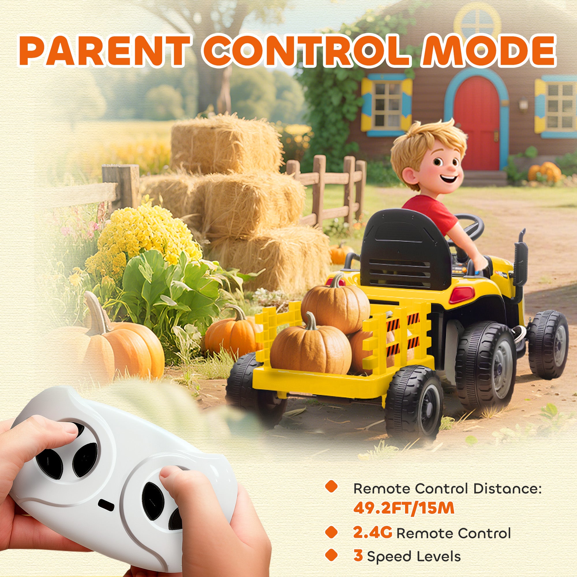 AIYAPLAY 12V Ride on Tractor and Trailer with Remote Control, Music, Shifter, Start-Up Sound, for Kids Ages 3-8 Years, Yellow