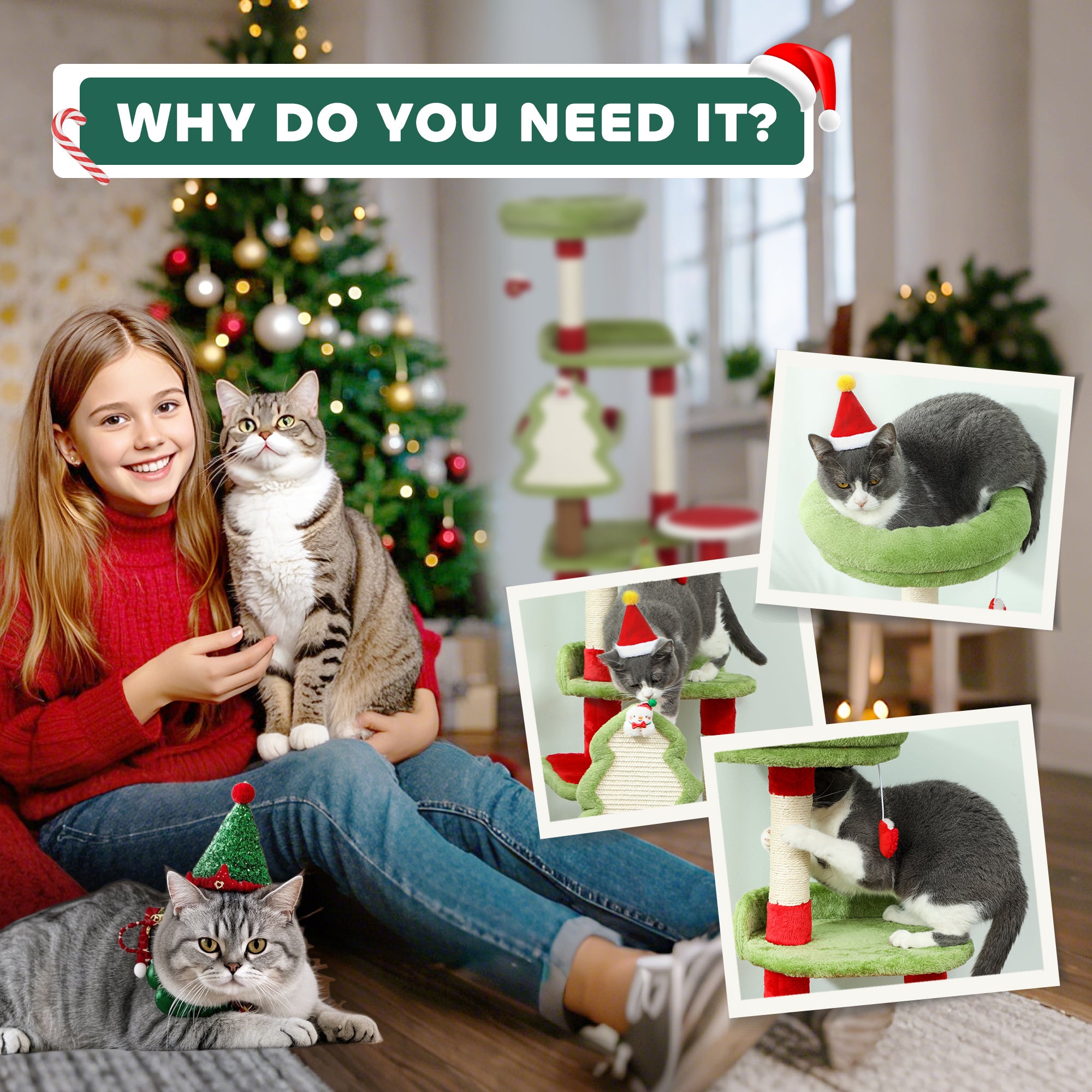 Kozy Cat Tree, 120cm Christmas Cat Tower with 3 Scratching Posts, Scratching Board, 2 Perches, Platforms, Toys, Green