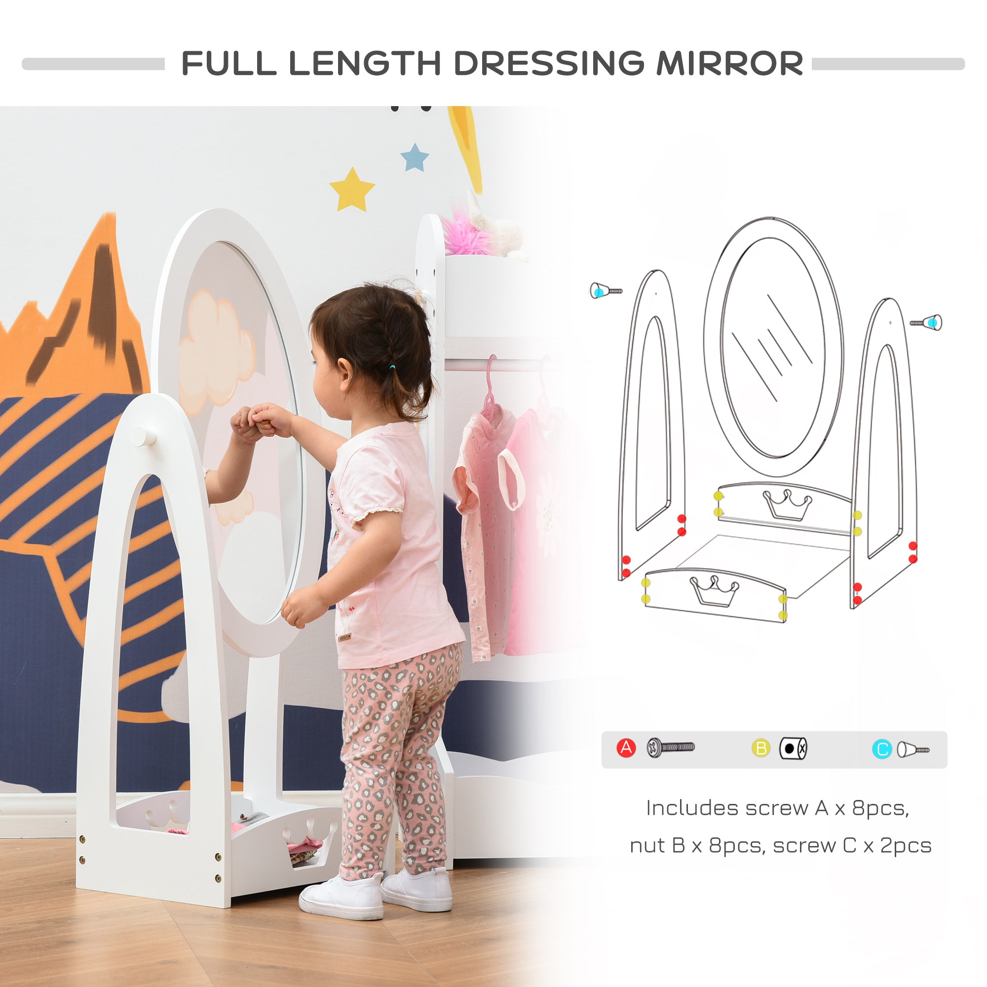 Kozy Kids Clothes Rail and Mirror Set 360° Rotation Free Standing Full Length Mirror and Hanging Rack with Storage Shelves Child's Dressing Mirror Garment Wardrobe White