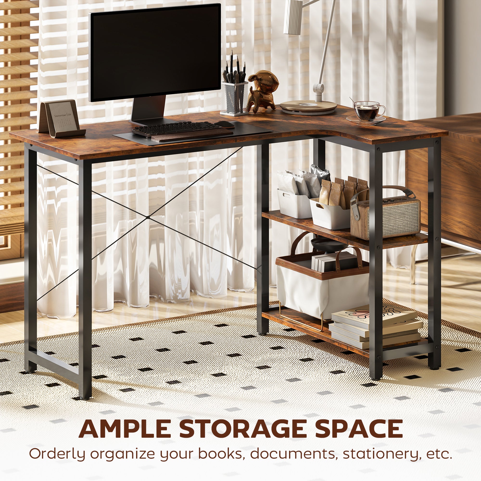 Kozy - L Shaped Desk, Corner Computer Desk with Bookshelf for Home Office, Study Room, Workstation, 120 x 73.2 x 75cm, Rustic Brown