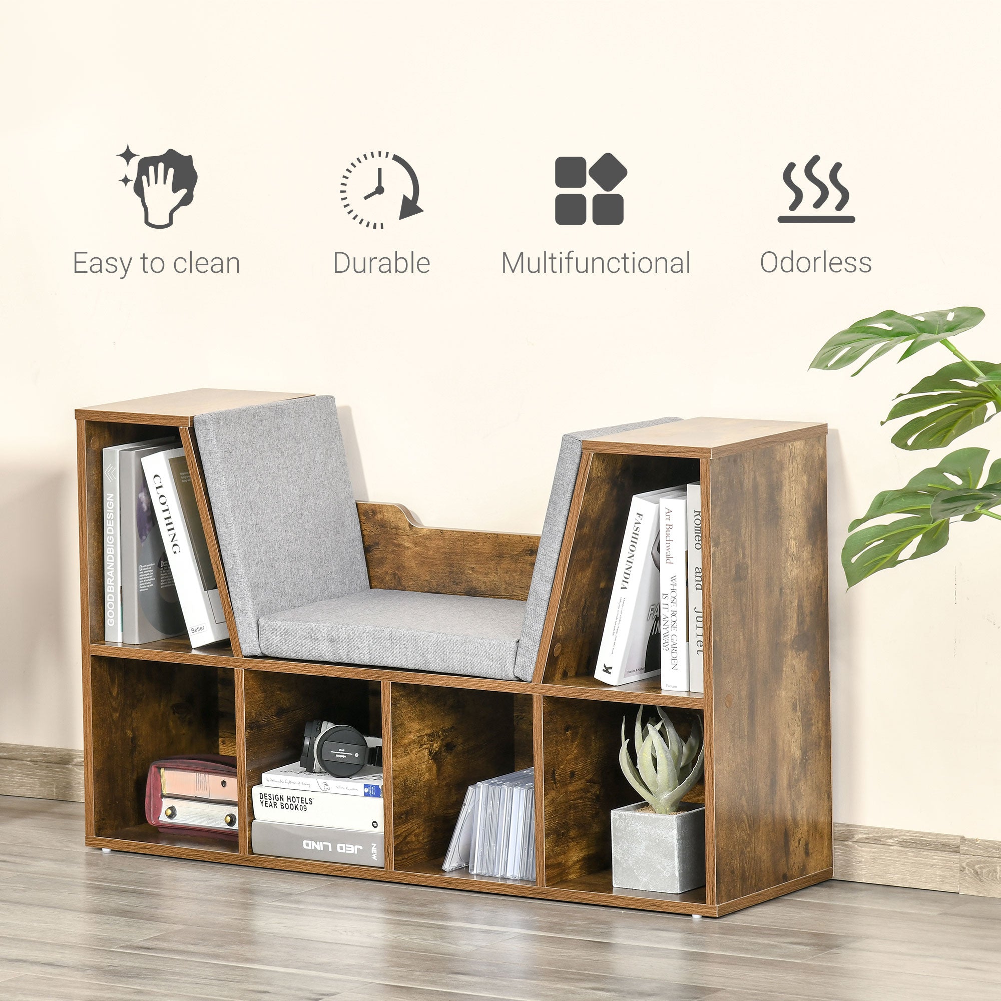 Kozy Bookcase Storage Shelf with Cushioned Reading Seat, Cube Bookshelf Organizer for Bedroom Living Room, Rustic Brown