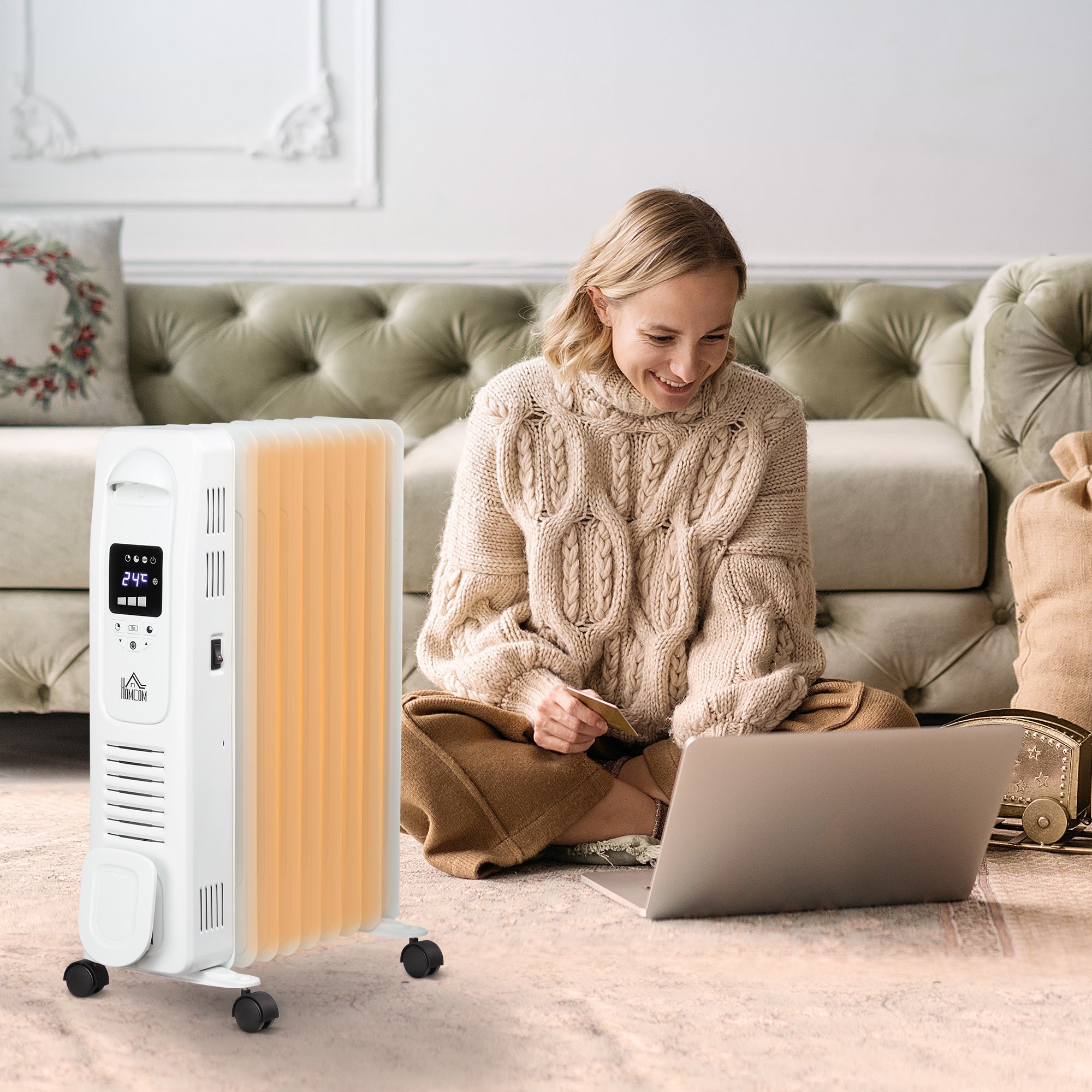 Kozy 2000W Digital Oil Filled Radiator, 9 Fin, Portable Electric Heater with LED Display, Timer, 3 Heat Settings, Safety Cut-Off and Remote Control, White
