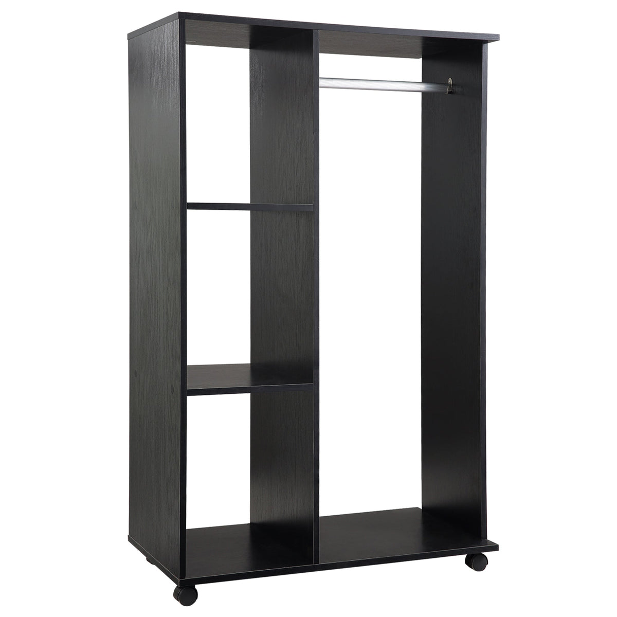 HOMCOM Mobile Open Wardrobe, Bedroom Clothes Storage with Hanging Rail and Shelves, on Wheels, Black | Aosom UK