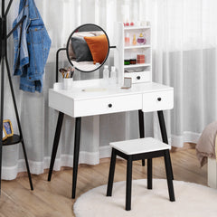 Kozy Dressing Table Set with Mirror and Stool, Vanity Makeup Table with 3 Drawers and Open Shelves for Bedroom, Living Room, White