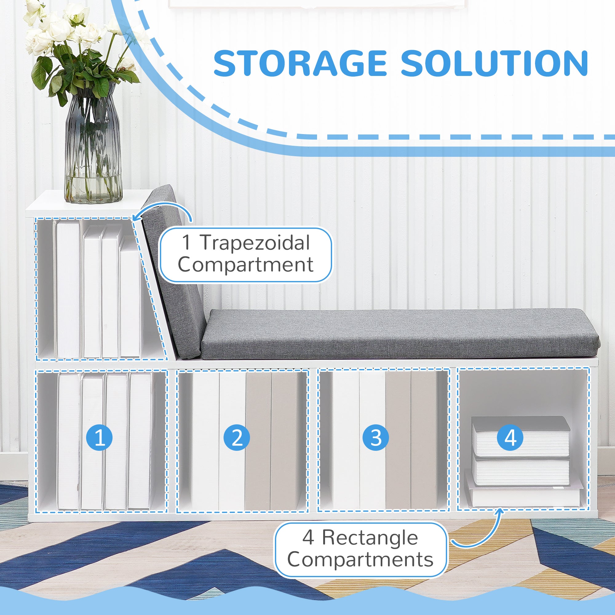 Kozy Bookcase Storage Shelf with Cushioned Reading Seat, Bookshelf Storage Cabinet for Study Living Room, White